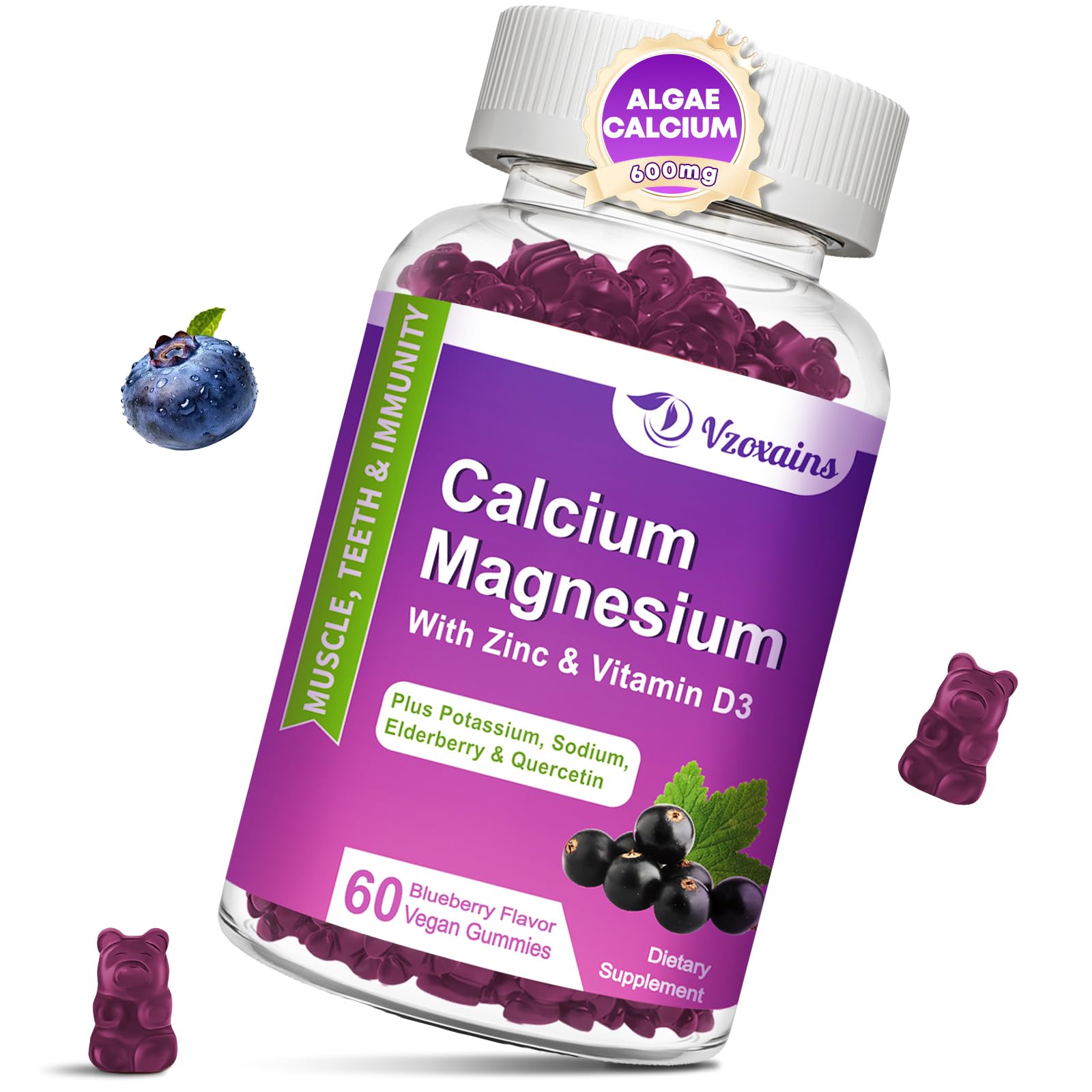 Plant Based Calcium Gummies 600mg, Calcium Magnesium Zinc with Vitamin D3 for Bone Strength, Sugar Free Calcium Supplements for Women & Men - 60 Counts Blueberry 60 Count (Pack of 1)