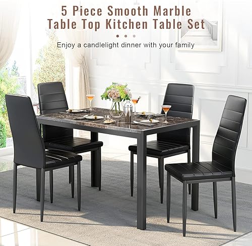 Miniatura 2 de Recaceik Furniture - Juego de comedor de imitación de 5 piezas, mesa de cocina moderna con parte superior de mármol y sillas altas para desayunar,