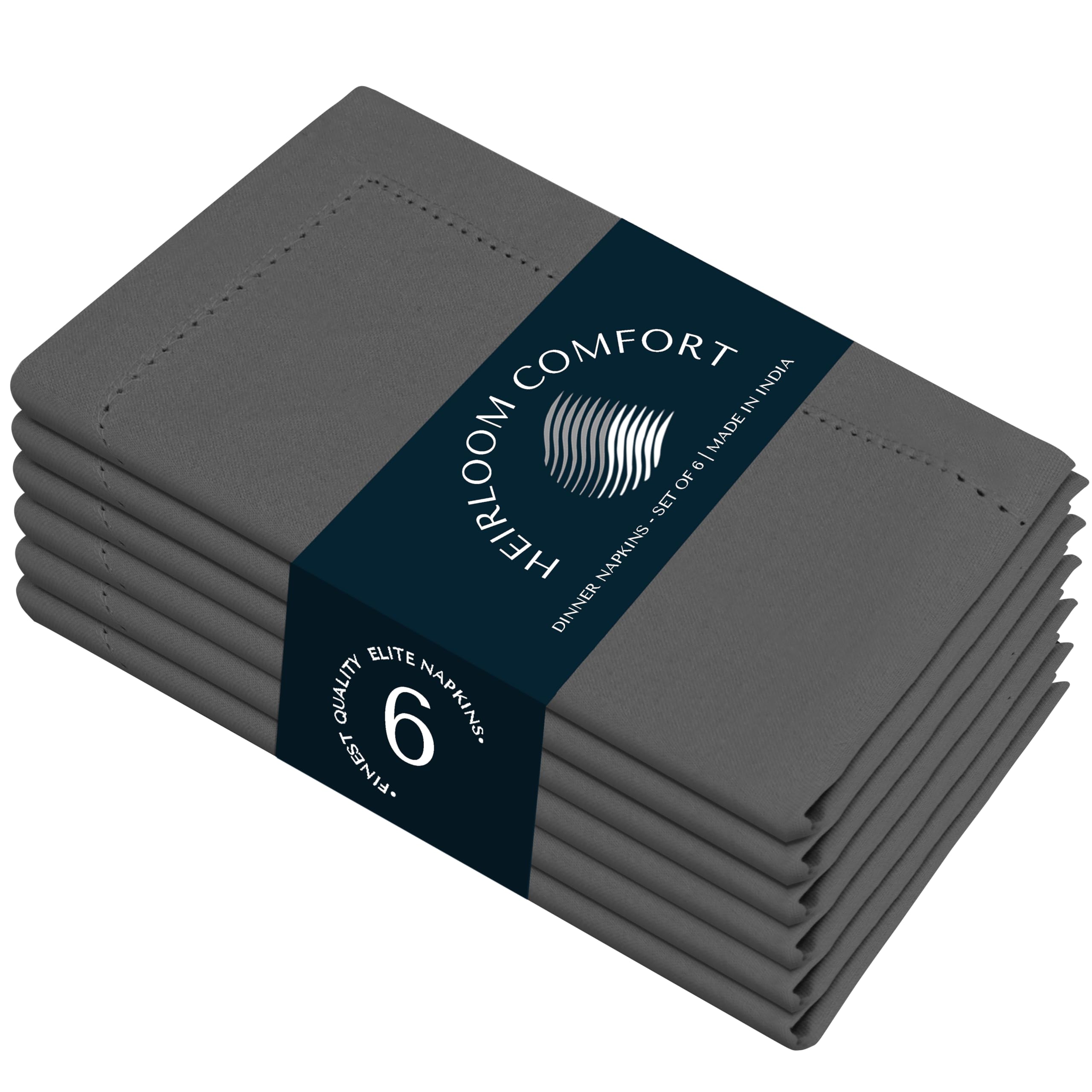 HEIRLOOM COMFORT Grey Cloth Napkins Set of 6, 18"x18" - Durable, Absorbent, Soft, Reusable, Washable - Hemstitch Mitered Edges - 100% Cotton Table