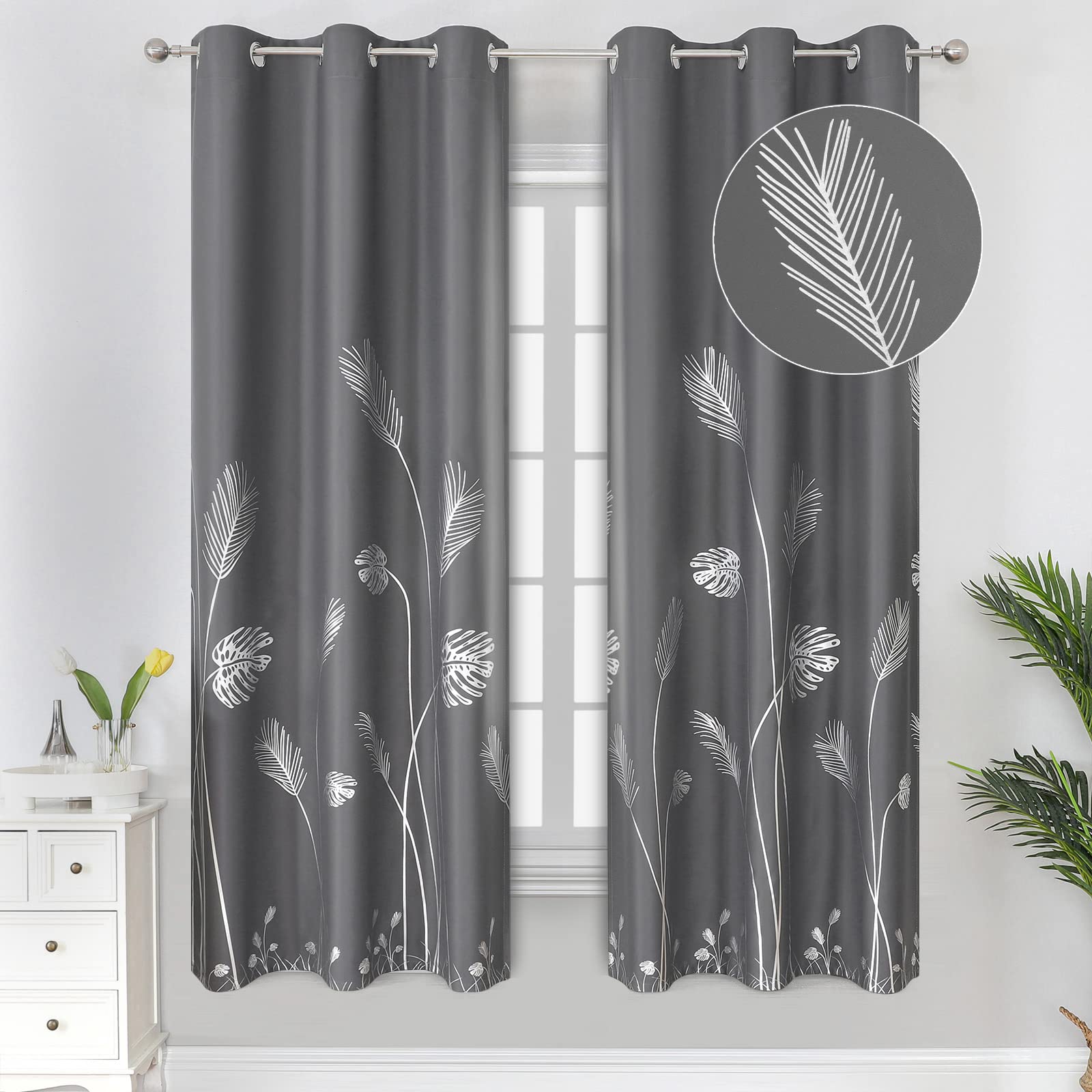 Estelar Textiler Dark Grey and Silver Blackout Curtains with Palm Tree Pattern Light Blocking Noise Reducing Window Curtain Drapes for Living Room, 38Wx72L, Dark Grey, 1Pair