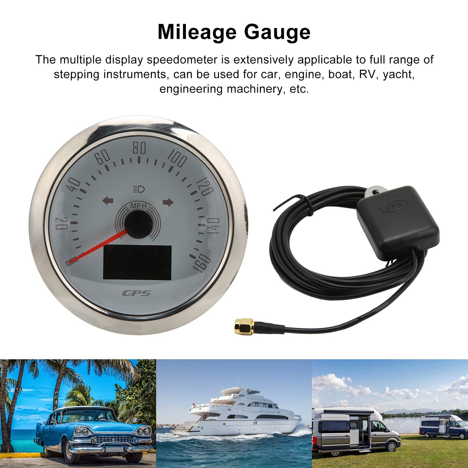 Cocoarm Velocímetro GPS, Medidor de Odómetro ABS de Acero Inoxidable, Pantalla LCD de 0 a 160 MPH, Señal GPS IP67, 9 a 32 V, para Automóviles, Barcos, Vehículos Recreativos, Yates, Maquinaria de