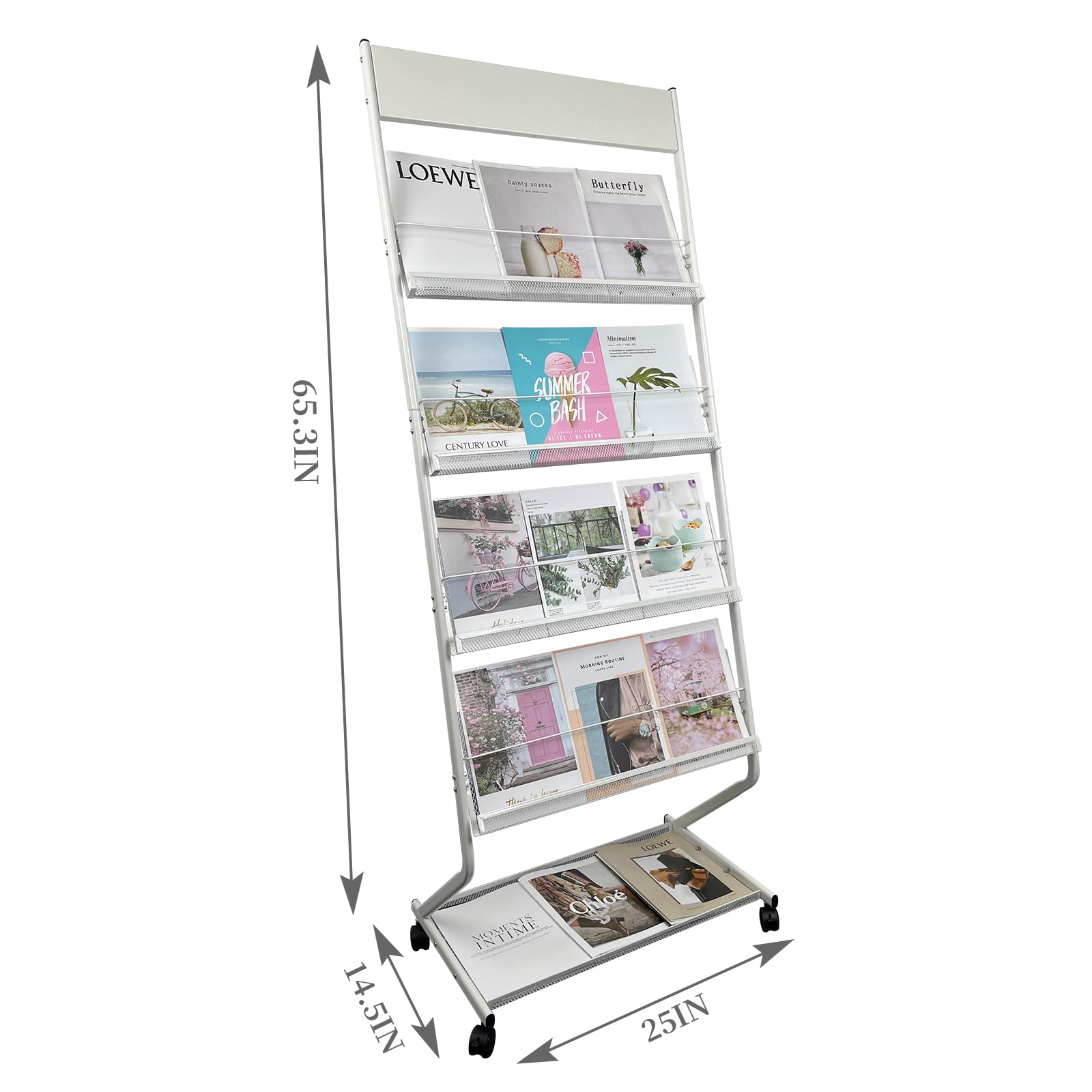 tongmo Floor-Standing Magazine Rack 4-Layer with Wheels, Brochure Display Stand, High-hardness metal for Exhibitions, Office, and Any Organization Requiring Information Display (White)