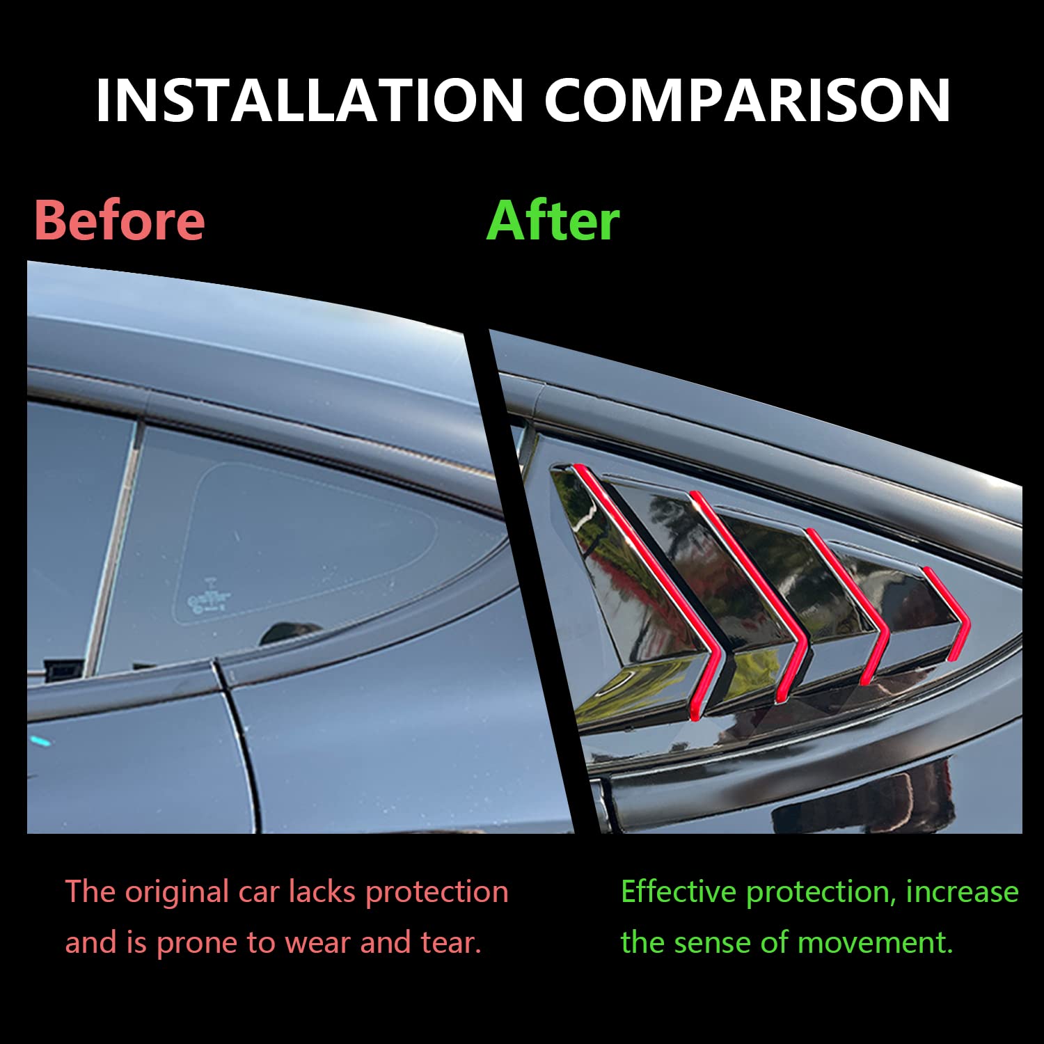 BoxCheer Rear Side Window Louvers Suitable for Tesla Model 3 2017-2024 Accessories Air Vent Scoop Shade Cover Sport Blinds - Bright Black & Red Edge