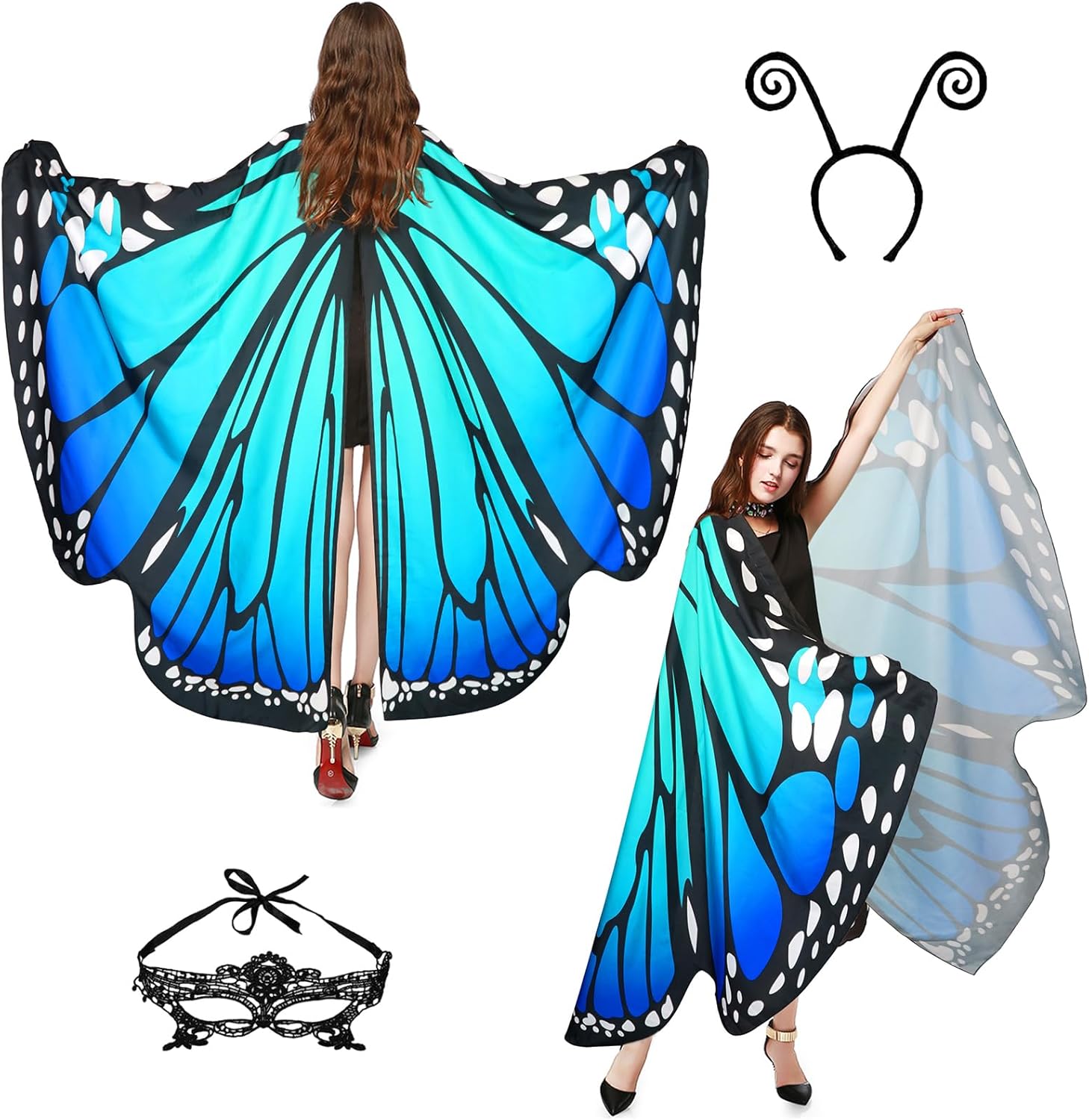 Halloween Costumes Women Adult Butterfly Costume Wings Cape with Lace Mask and butterfly Headband - Image 3