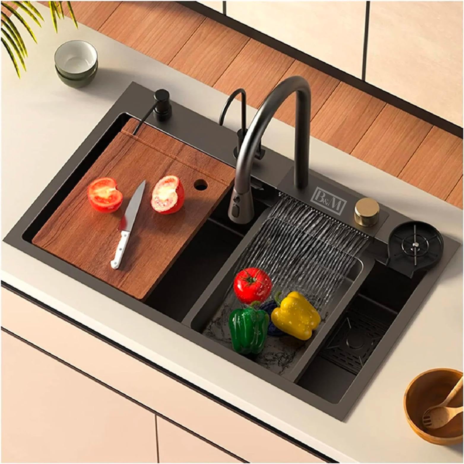 BOWLS & MORE | WATERFALL KITCHEN SINK ANTI-SCRATCH DESIGN, INTEGRATED WATERFALL, PULL-DOWN FAUCET, CUP WASHER, 30"X18"X10", HEAVY-DUTY 304-GRADE NANO BLACK STAINLESS STEEL | BLACK (HONEYCOMB) (B0CM18XKVH) Amazon Price History, Amazon Price Tracker