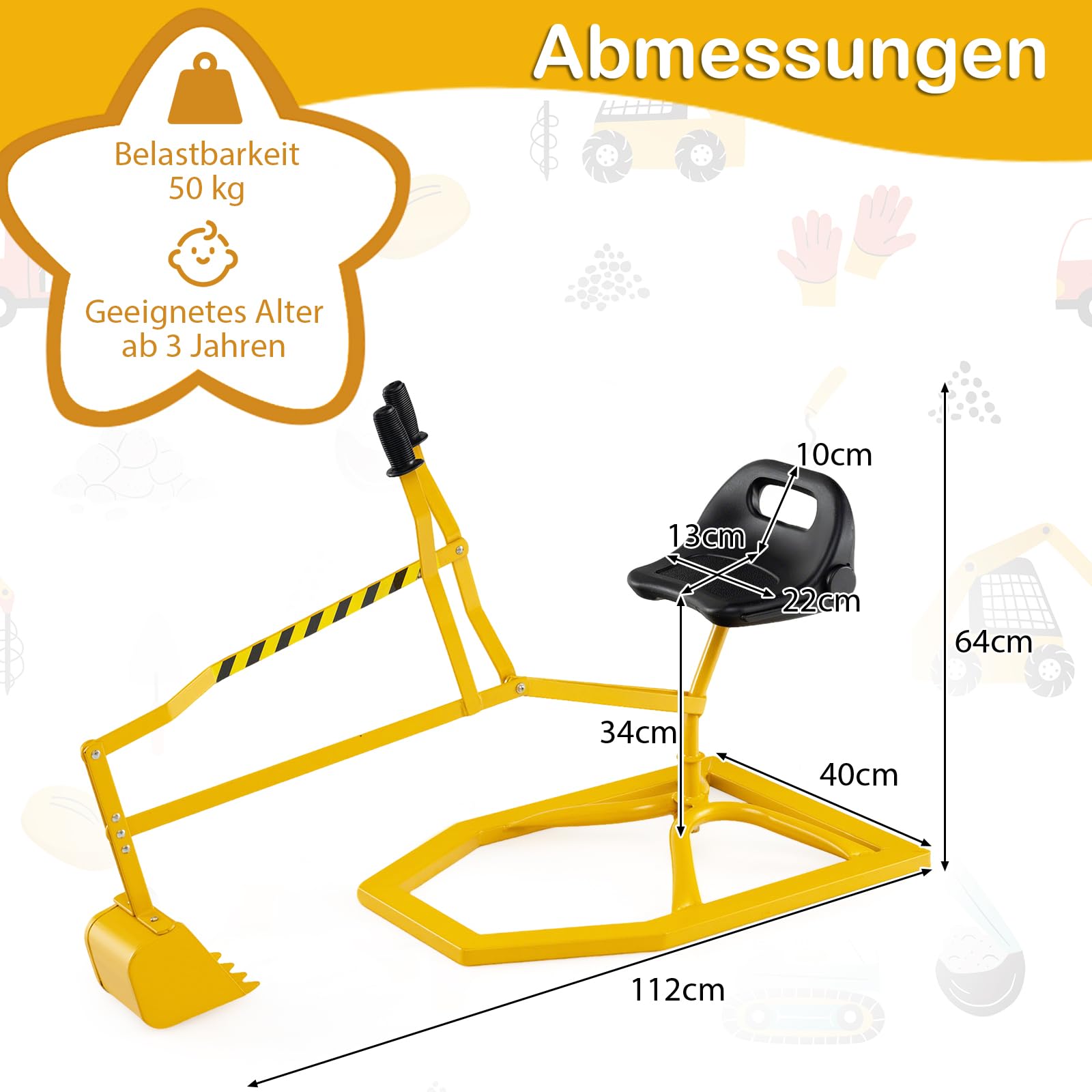 DREAMADE Kinder Bagger für Sandkasten, Metall-Aufsitzbagger mit 360° drehbarem Sitz, Flexibler Schaufel, für Erde, Schnee, Strand, Bagger zum draufsitzen für Kinder ab 3 Jahren (Gelb)
