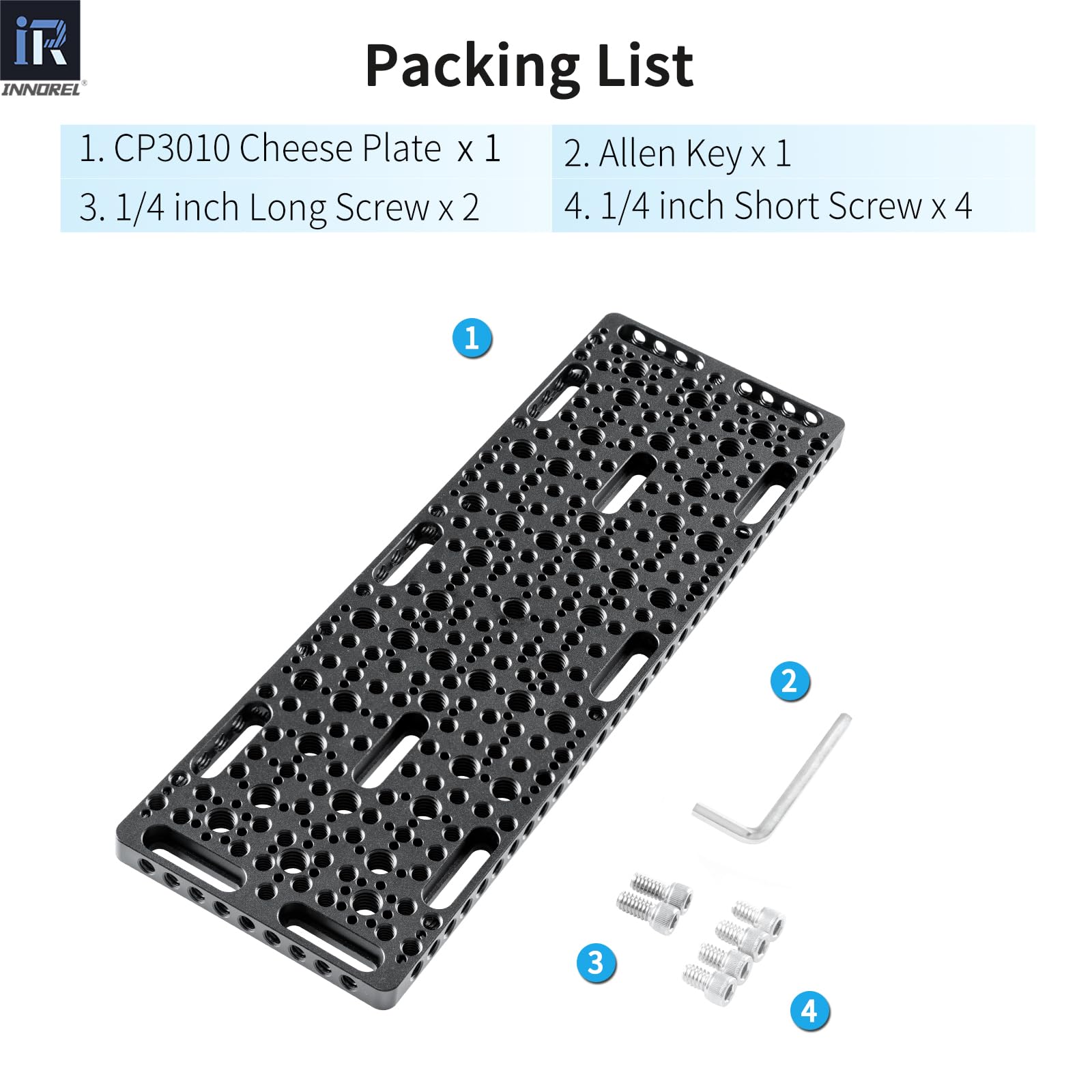 INNOREL CP3010 30 * 10 cm Placa Multifuncional para Queso con roscas de 1/4" y 3/8", Placa de Montaje Intercambiable con Orificios de posicionamiento ARRI Integrados para cámara y trípode