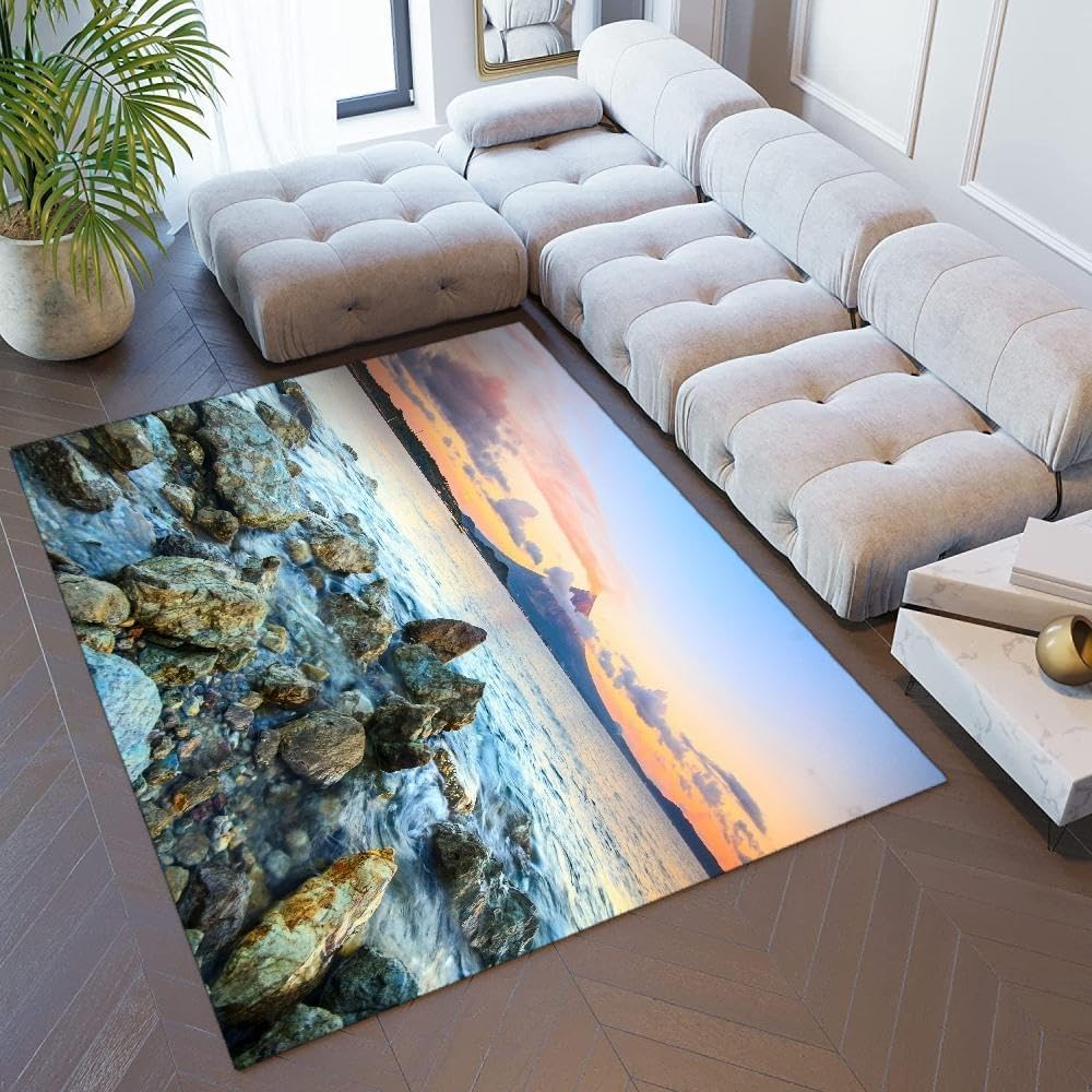 Tapis de salon lavable et doux, moquette moderne 120x160 de chambre au design abstrait de plage