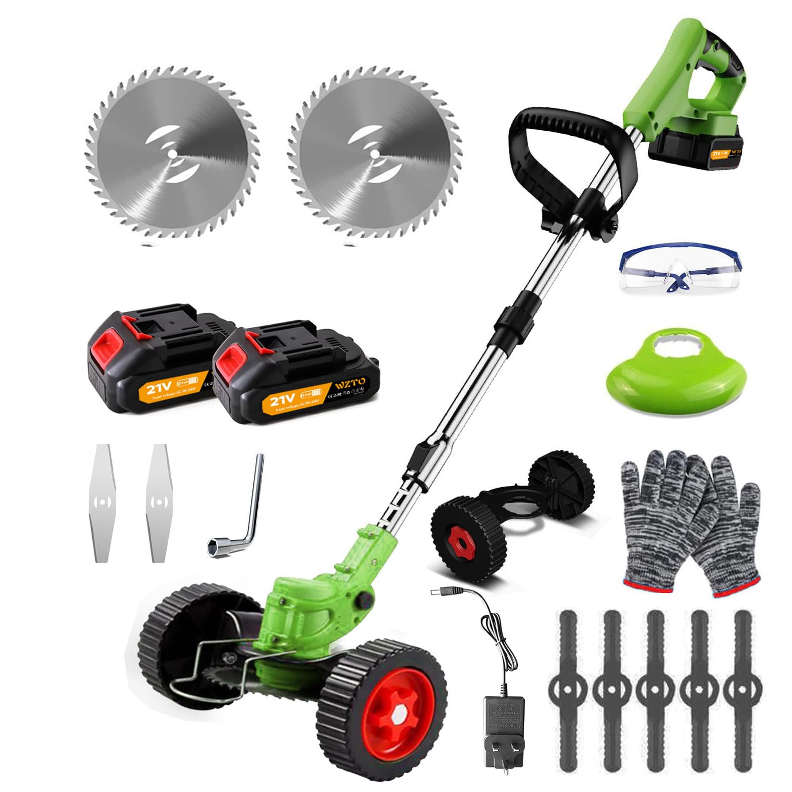 Strimmer Cordless 21v,Cordless Strimmer with 2x2000mah Battery Up to 20000 Rpm,Grass Trimmer with 3 Metal Blades, Adjustable Telescopic Shaft & Folding Design for Garden Park Lawn