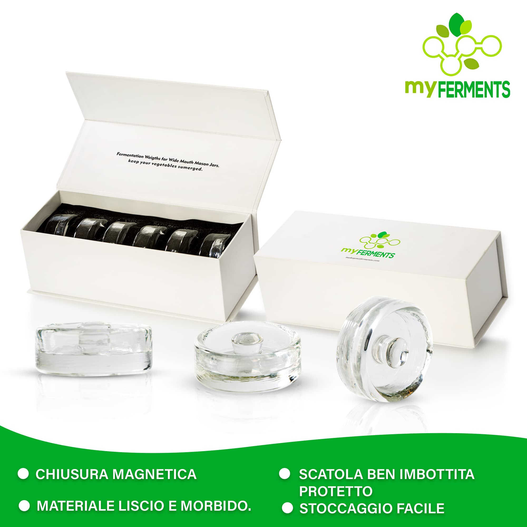 myFERMENTS - Pesi in Vetro per Fermentazione | Mantiene Verdure Sommerse | Diametro 7,2cm per Barattoli a Bocca Larga | Materiale Sicuro per Alimenti, 6 Pack, LARGE, Vetro