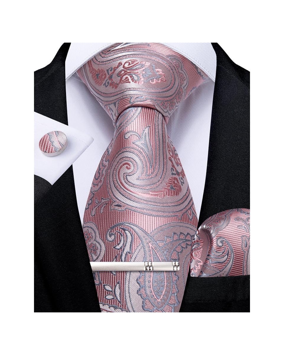 DiBanGu Herren Rosa paisley Krawatte Set mit Einstecktuch Manschettenknöpfe Krawattenklammer Set Formelle Geschäftsfeier