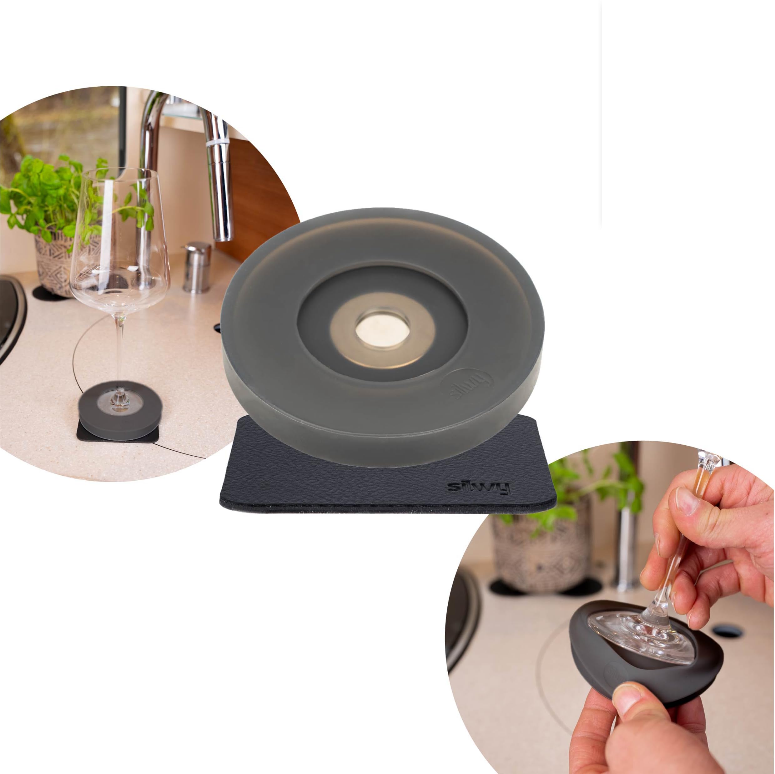 Silwy® Magnetic Adapter for Existing Stemware Including Metal Nano Gel Pad - for Wine Glasses, Champagne Glasses, Pillar Cups - Magnetic System for Retrofitting, Set of 1 x Magnetic Condom & 1 x Nano