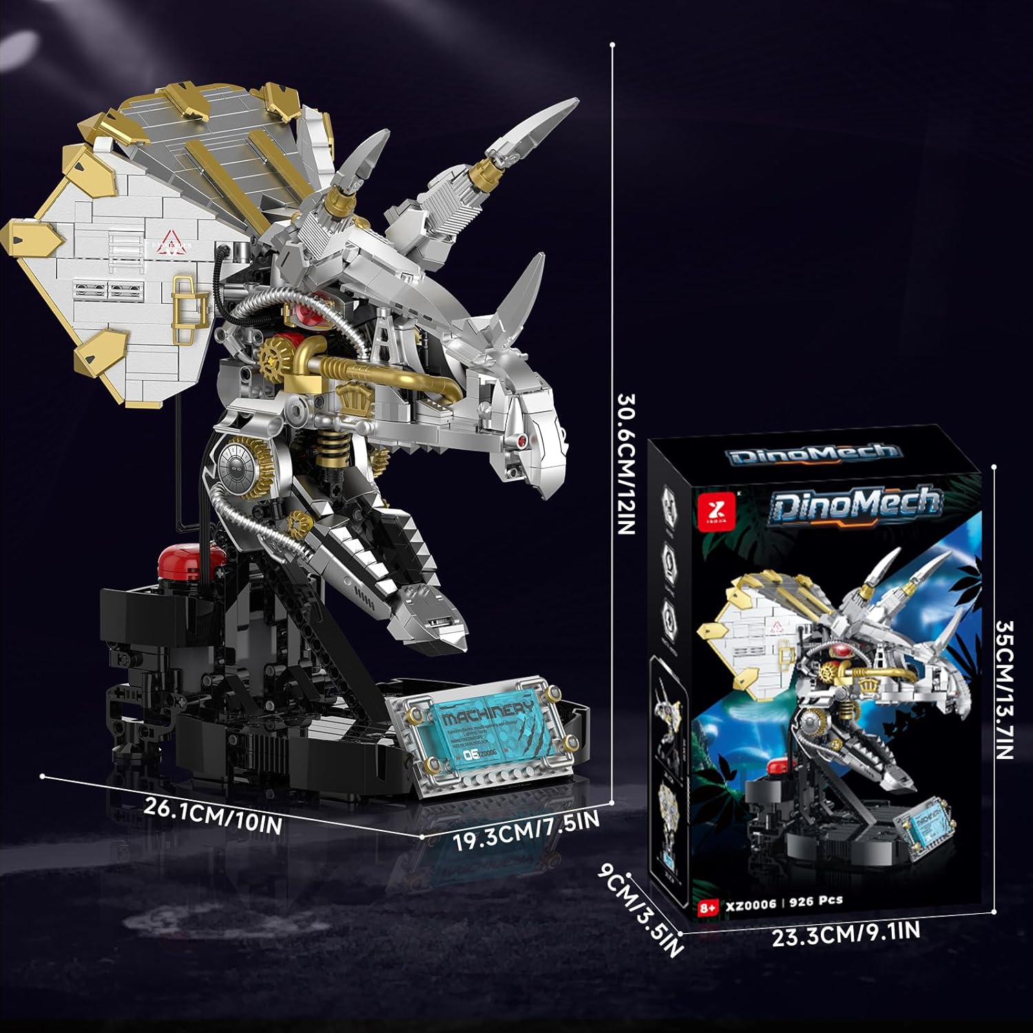 Mechanical Triceratops Dinosaur Skull Building Kit, 926PCS Retro Model Set with LED Light, Sound & Mist Effects, Collectible STEM Toy Gift for Teens & Adults