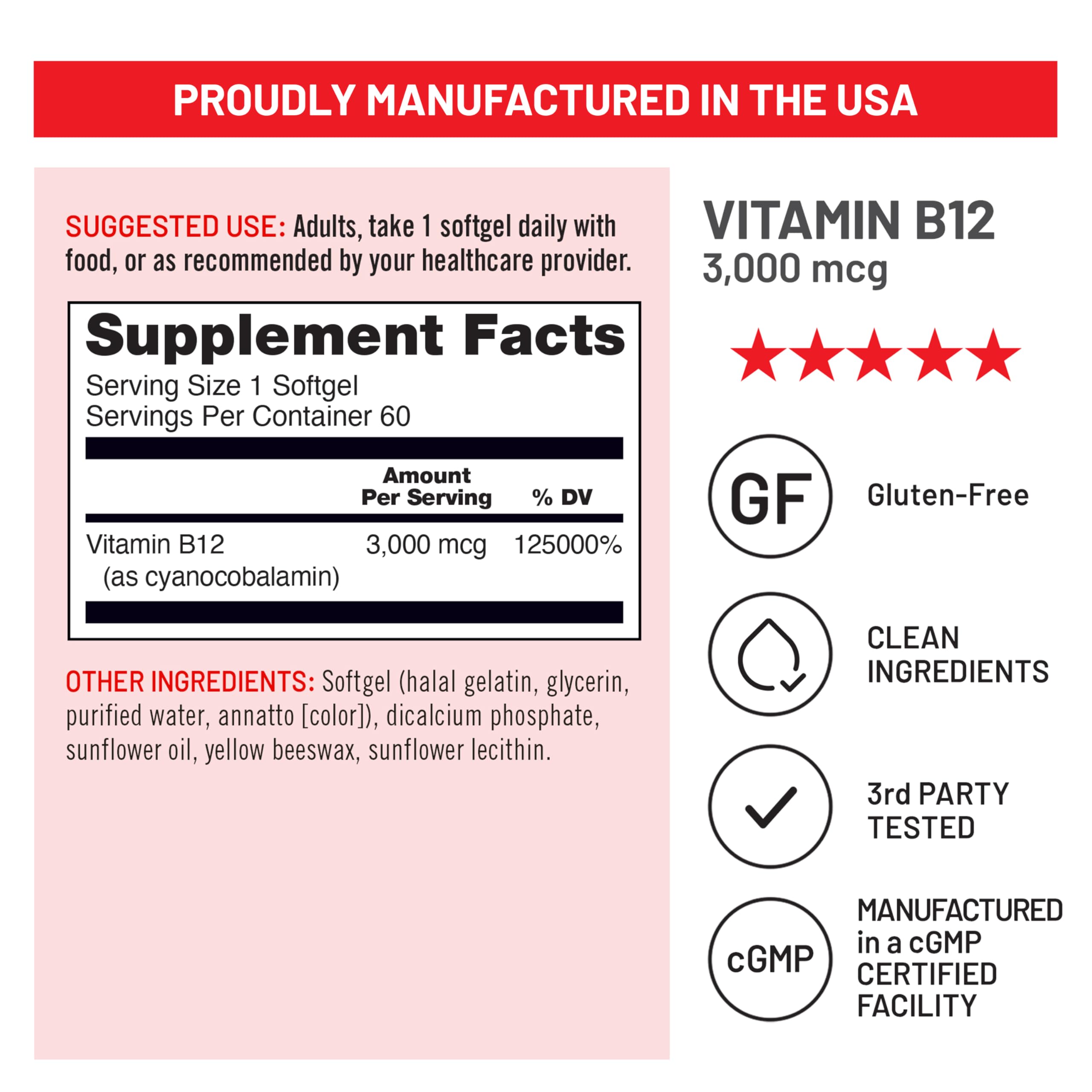 NatureWise Vitamin B12 3000 mcg - Extra Strength - Supplement for Supporting Energy Levels, Mental Clarity, Nervous System Health - Easy-to-Swallow, Soy and Gluten-Free, Non-GMO - 60 Softgels — Amazon image 4