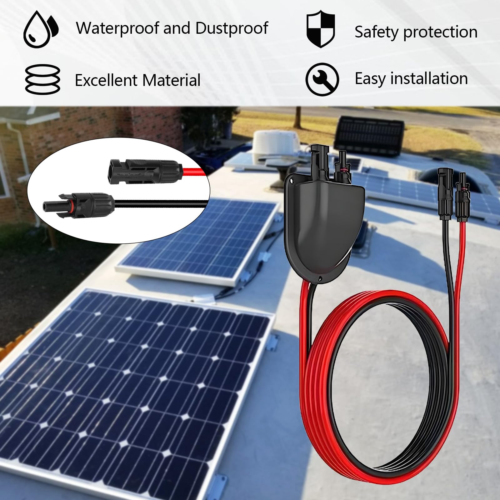2 Stück Solar Doppel Kabeldurchführung Wasserdicht, Dachdurchführung Solar mit ABS Gehäuse, 2M 10AWG Solar Verlängerungskabel, Solarmodule Kabelverbinder für Wohnmobile, Boote, Fahrzeuge