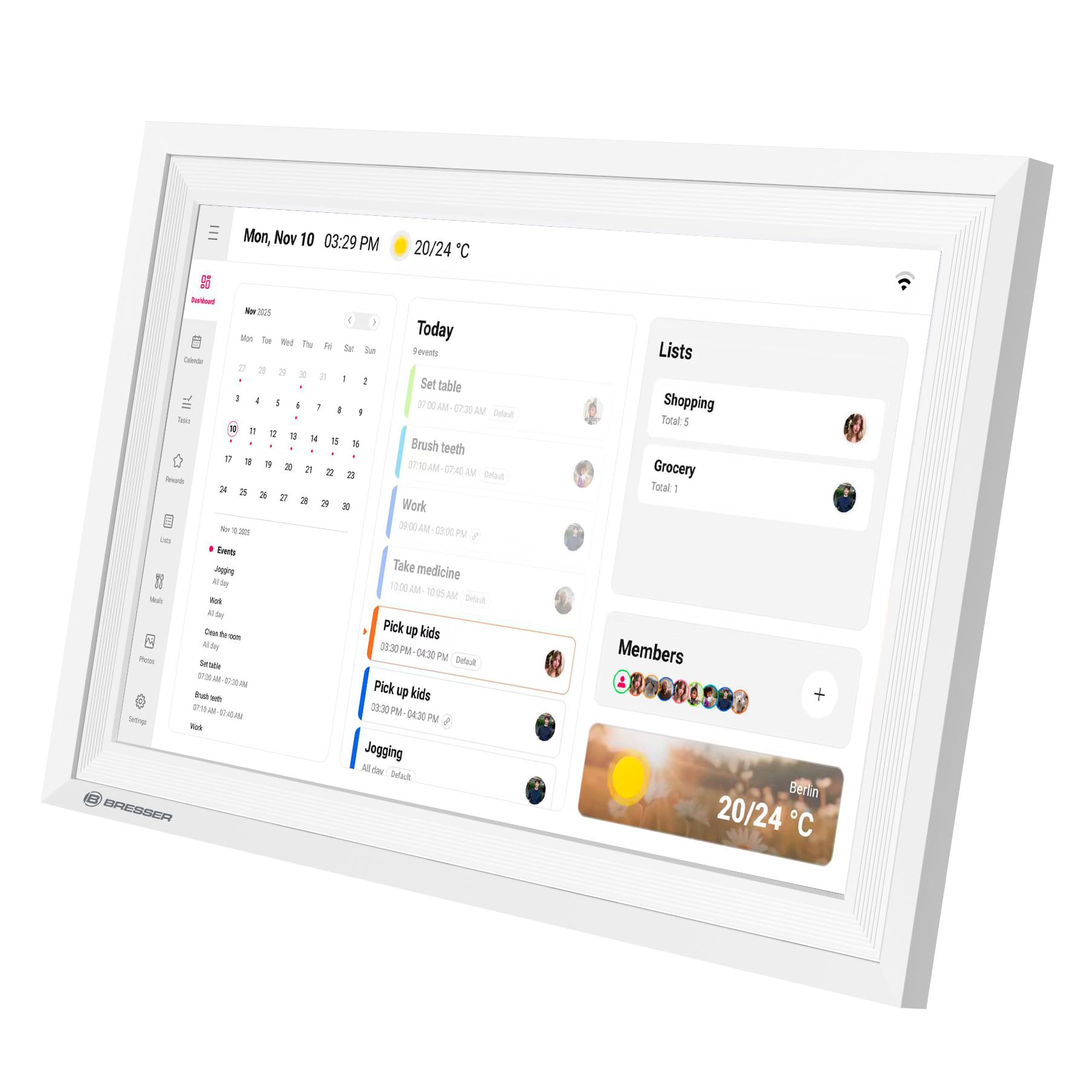 Bresser Digitaler Kalender 10,1 Zoll Touchscreen Familienplaner mit App Bilderrahmen Wetter 7 Tage Weiß