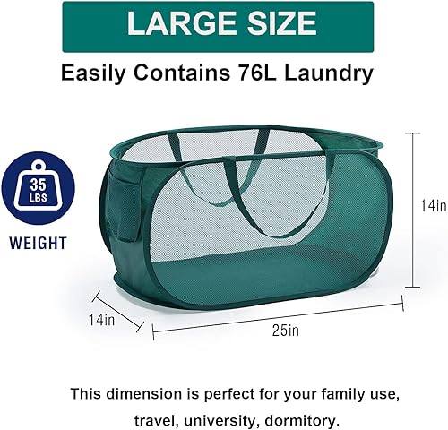 Miniatura 3 de Cesto de malla desplegable para lavandería, cestas plegables duraderas con bolsillos laterales, cesta de almacenamiento de ropa plegable con asas de