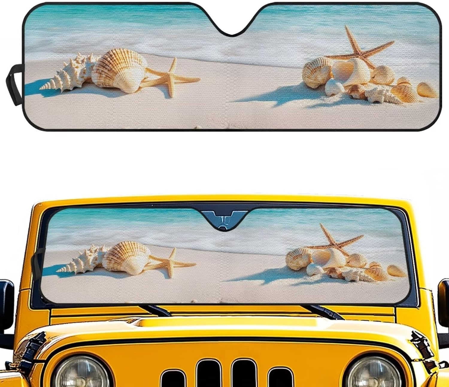 Beach Seashell Windshield Sunshade Compatible with Jeep Wrangler TJ JK JL & Gladiator JT, Block UV Rays Sun Shade Windshield Cover Keep Your Vehicle Cool