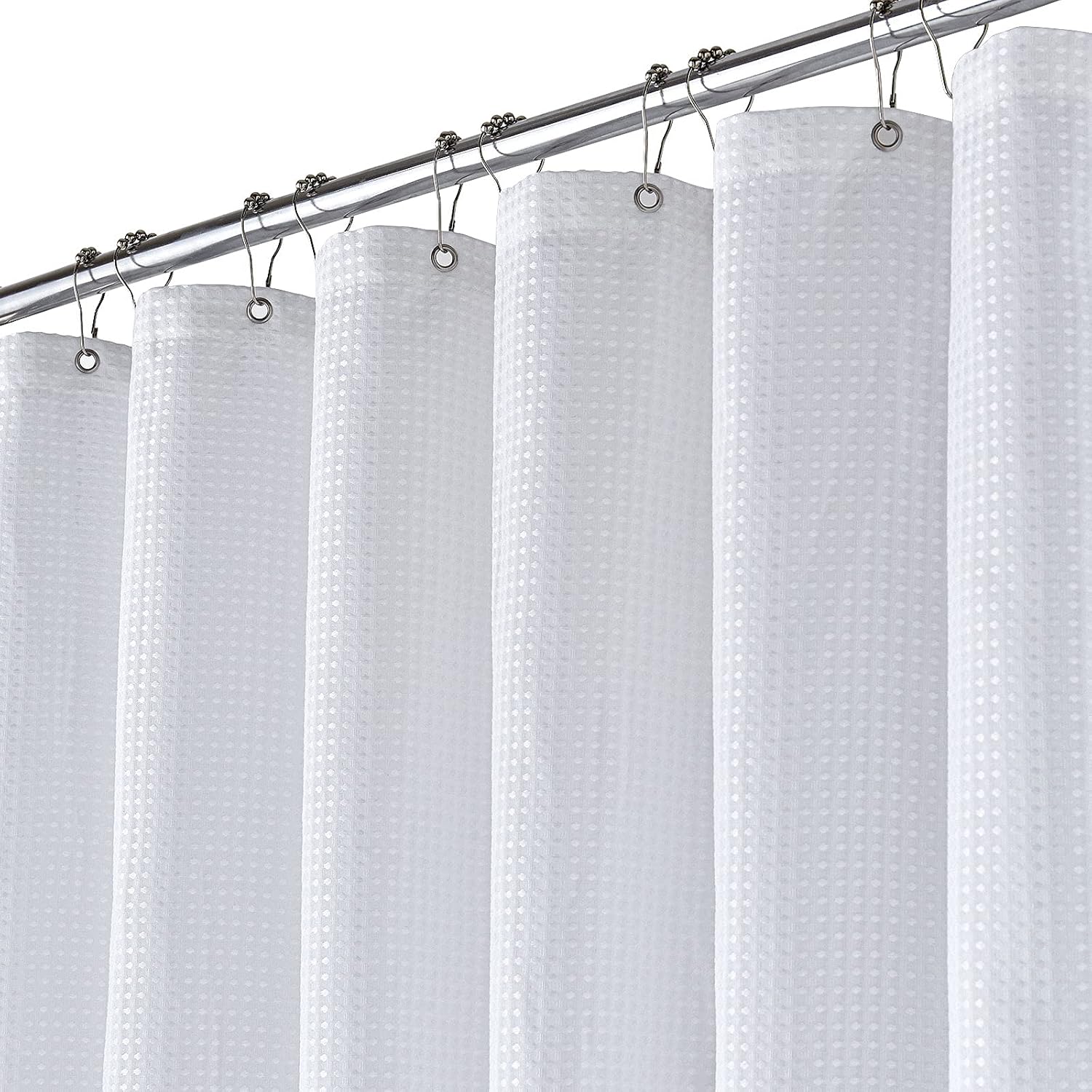 BTTN Extra Long White Waffle Shower Curtain, Weighted Mould Proof