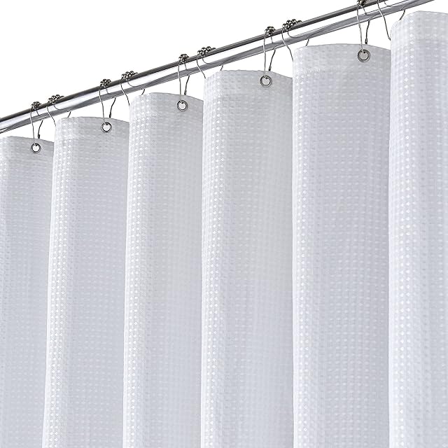 BTTN White Waffle Shower Curtain, Weighted Mould Proof Resistant Fabric Wet room Shower Curtains, Heavy Duty Waterproof Washable Thick Cloth Shower Curtain Set with 12 Plastic Hooks(180x180cm Drop)