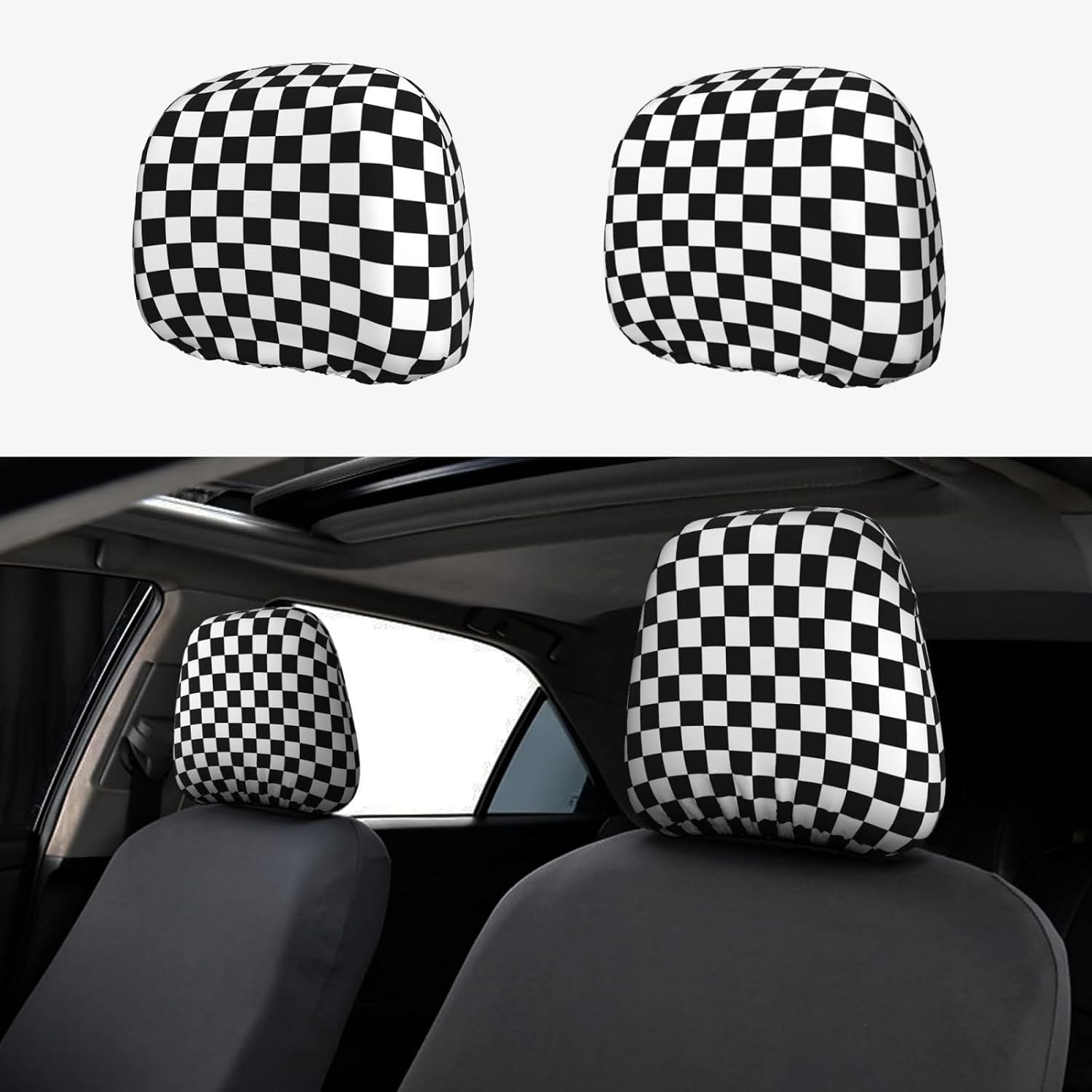 2 Pieces Checkered Pattern Elastic Car Seat Headrest Covers Universal Fit Most Cars Sedans, Black and White Auto Seat Cover Interior Accessories for Men Women