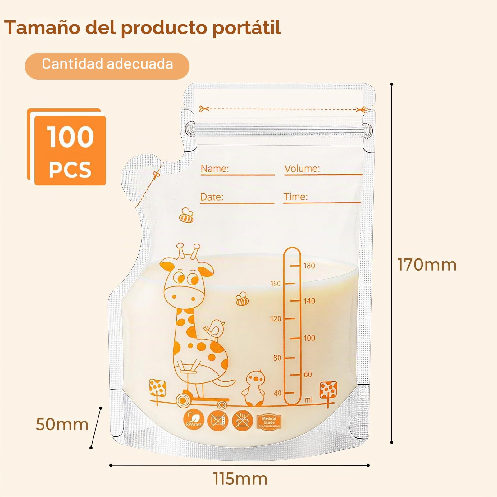 Vinabo Bolsas de Almacenamiento de Leche Materna, 180ml, 100 Unidades, Polietileno, Doble Cierre, Congelación Rápida, Libre de BPA