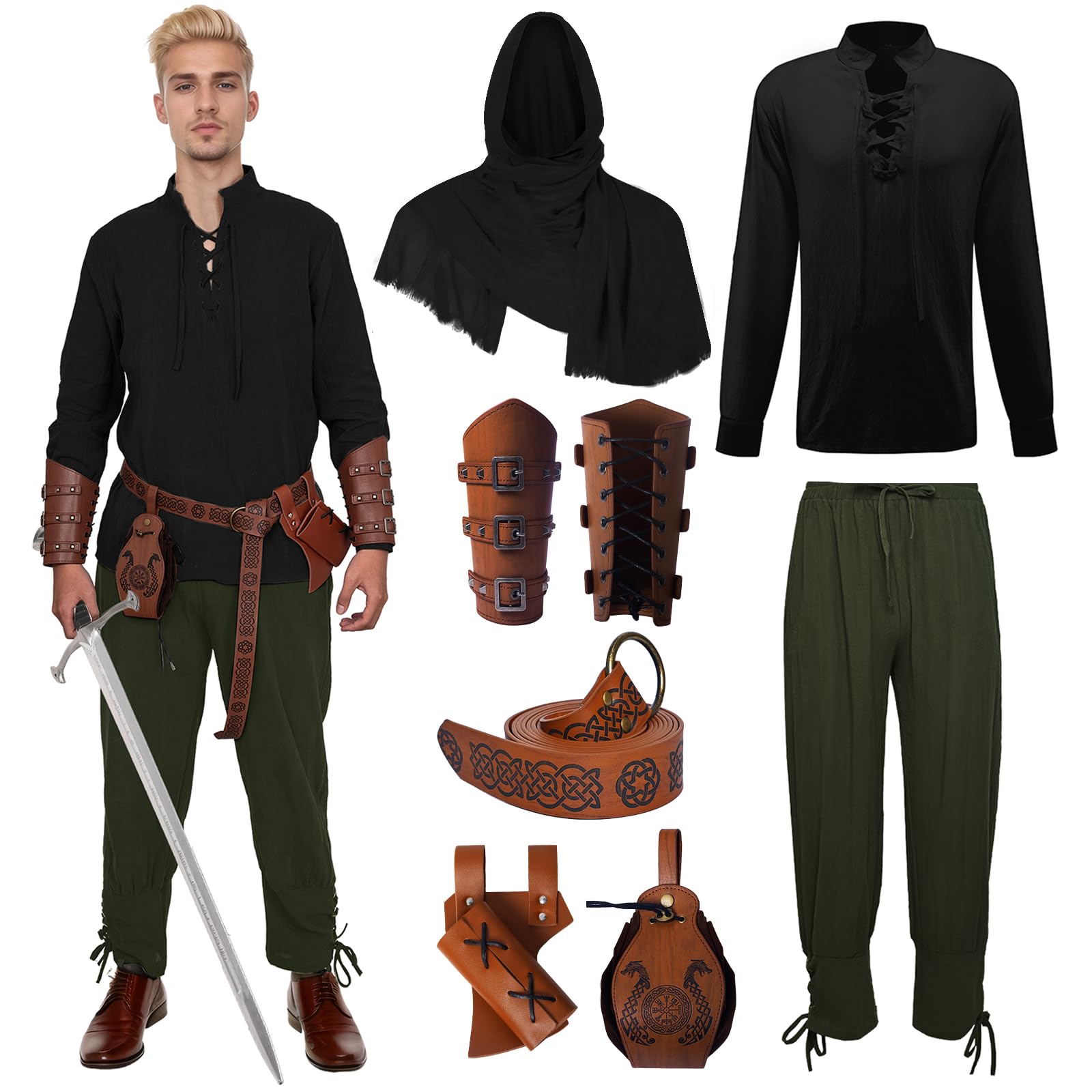 Costume médiéval de la Renaissance pour homme, costume de Viking, chemise à lacets, pantalon avec accessoires, costume d'Halloween pour cosplay, mascarade, magicien