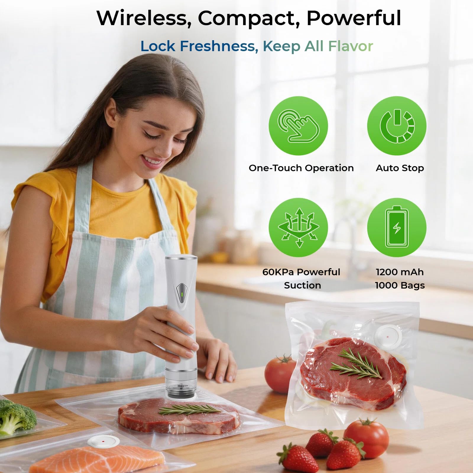 Sellador al vacío para alimentos (máquina selladora al vacío compacta + 35 bolsas de vacío reutilizables)