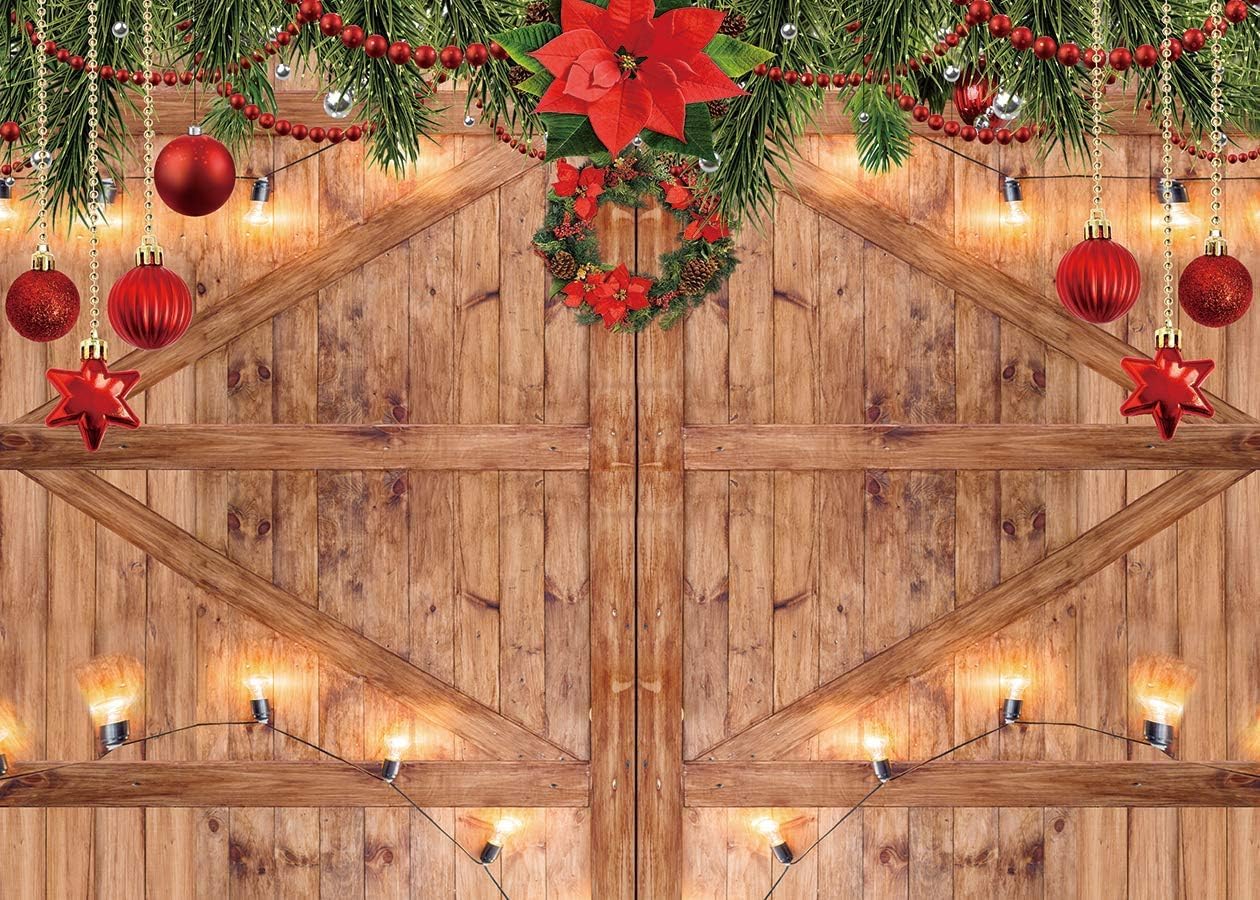 CYLYH 10x8FT Rustic Christmas Barn Wood Door Backdrop for Photography Winter Christmas Rustic Barn Wood Door Photography Backdrop Xmas Tree Background Banner for Family Holiday Party Decoration