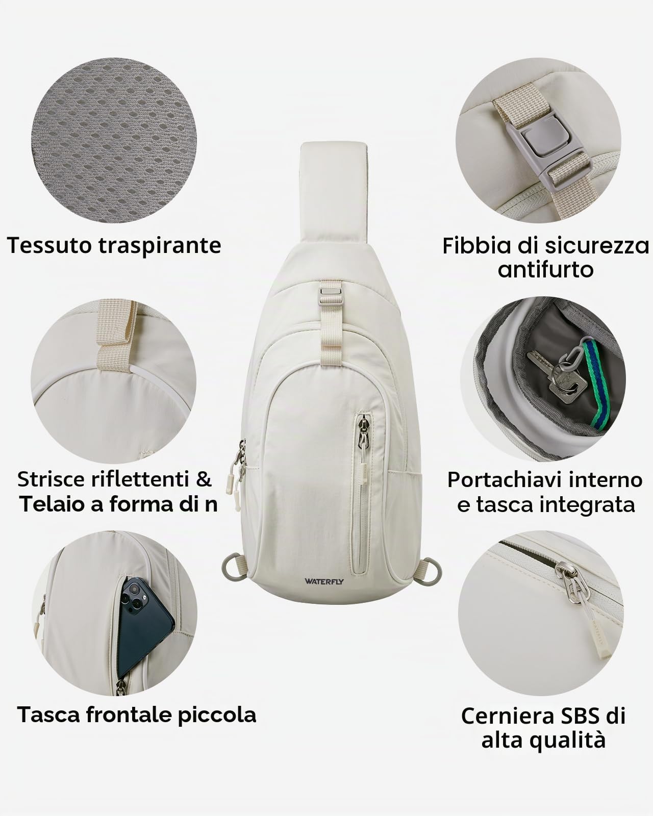 Waterfly Zaino Monospalla Uomo Donna: Borsa a Tracolla Sling Ultraleggera, Tracolla Regolabile, Design Compatto e Stiloso Per Escursionismo, Viaggi e Uso Quotidiano