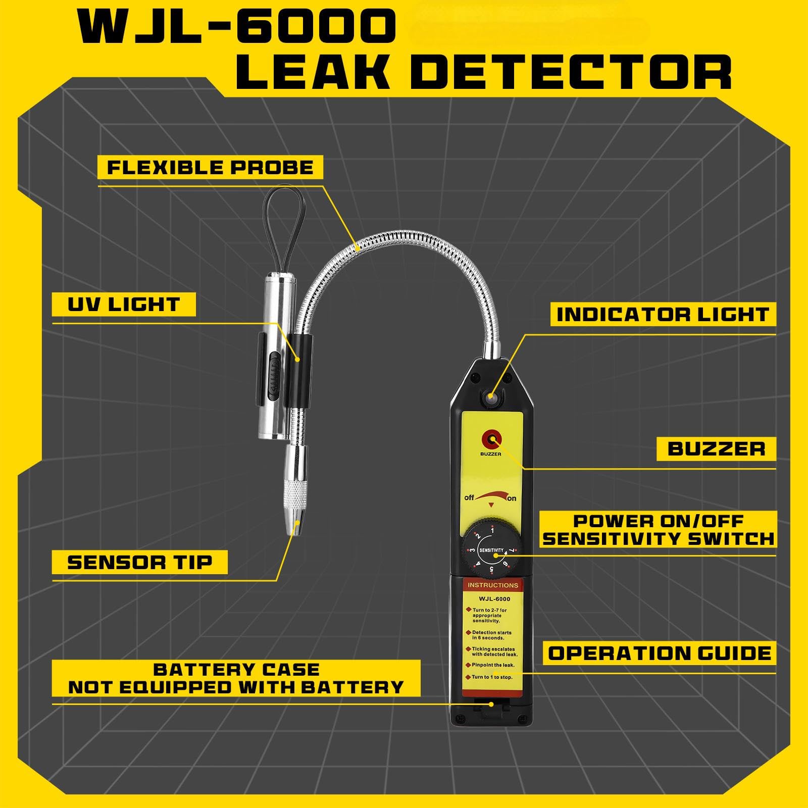 Glooglitter Herramienta de detección de fugas de aire acondicionado automático WJL-6000, detector de fugas de refrigerante con linterna UV y gafas protectoras UV amarillas para aire acondicionado HVAC