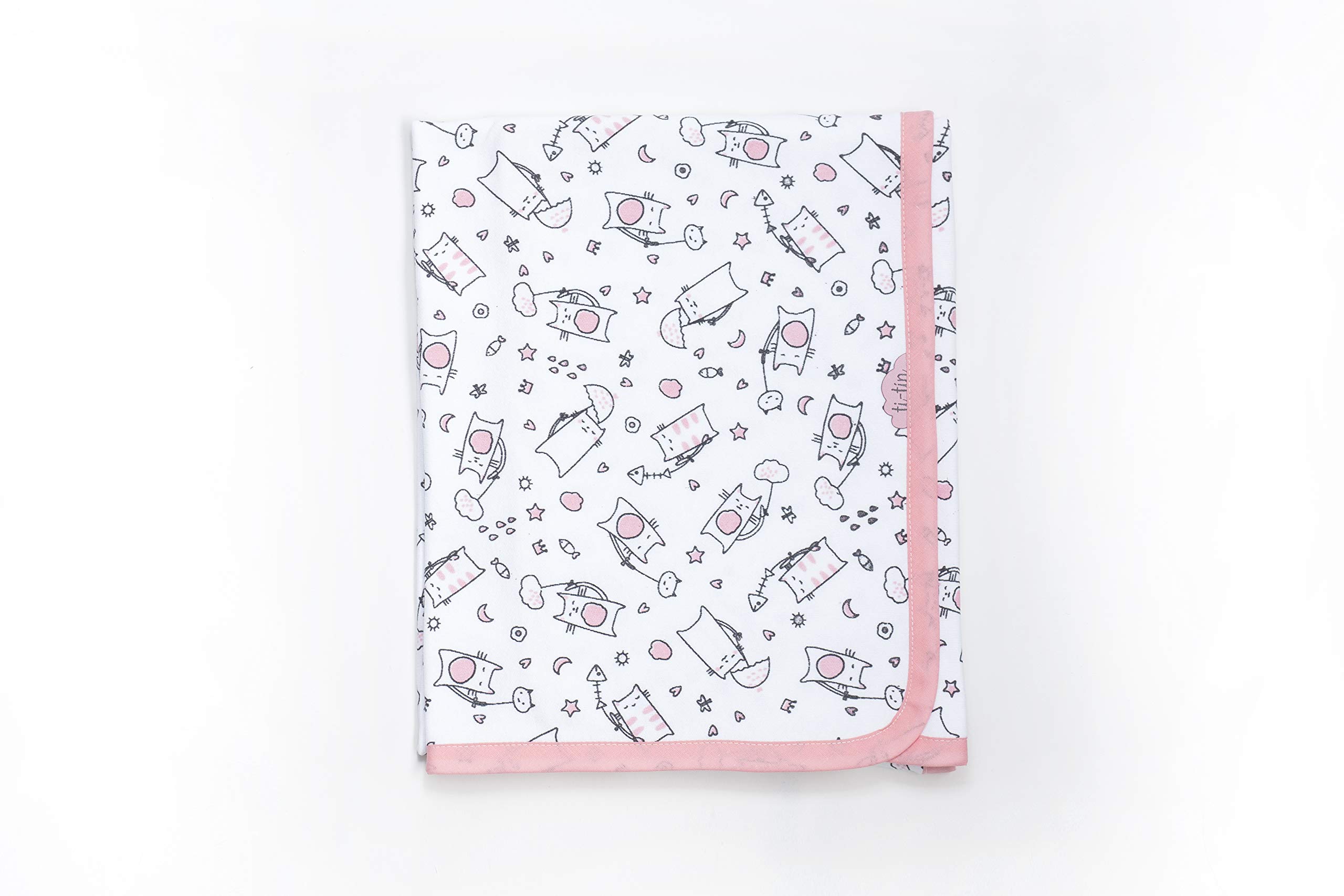 Ti TIN Coperta in Cotone Morbido e Assorbente per Neonato | Coperta Avvolgente 100% Cotone con Doppio Strato 2x180gr/m², 80x75 cm, Stampa Gattini, Colore Rosa