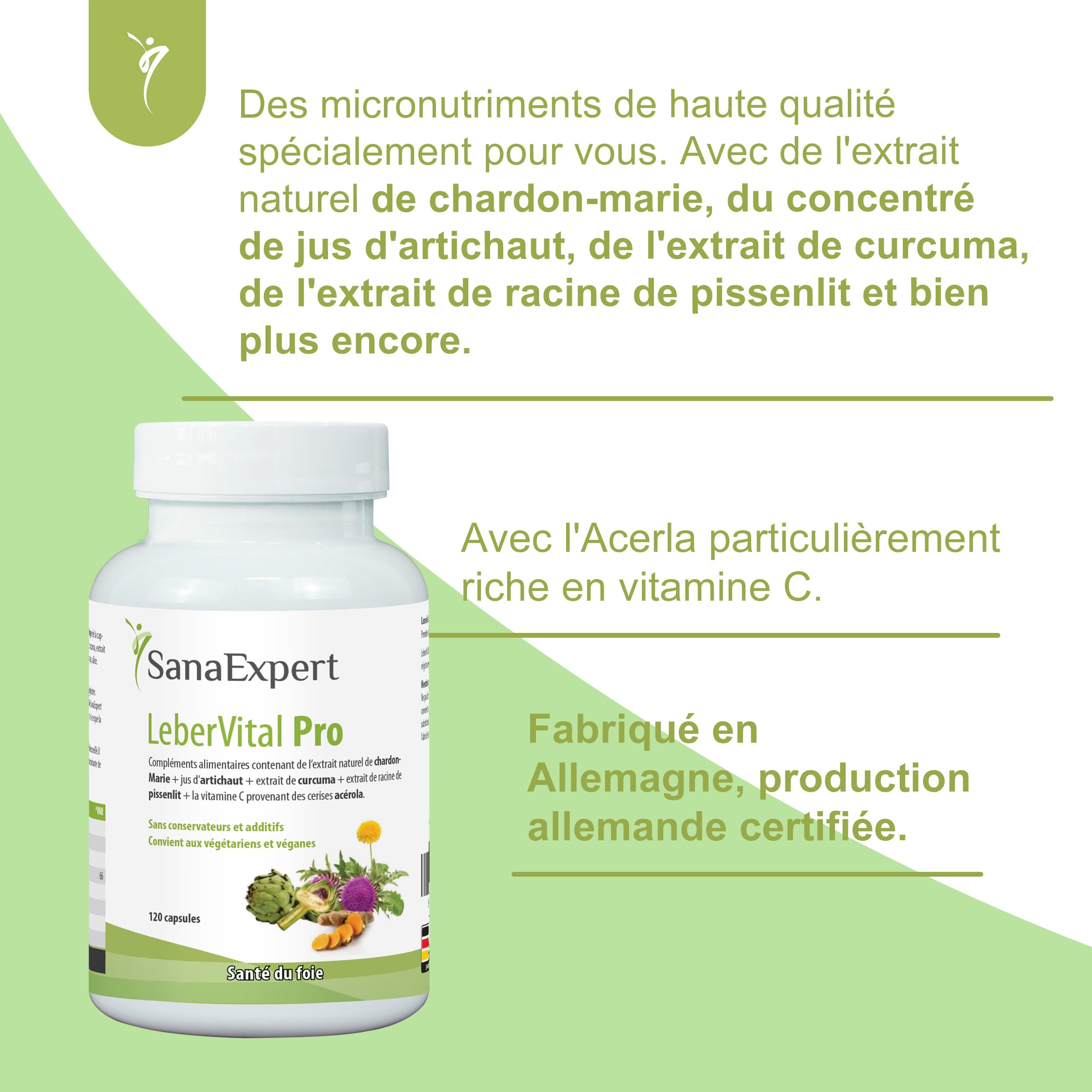 SanaExpert LeberVital Pro | Chardon-Marie titré à 70% de silymarine, Curcuma, Artichaut, Pissenlit & Vitamine C (acérola) | 120 gélules vegan, sans gluten ni lactose | Fabriqué en Allemagne
