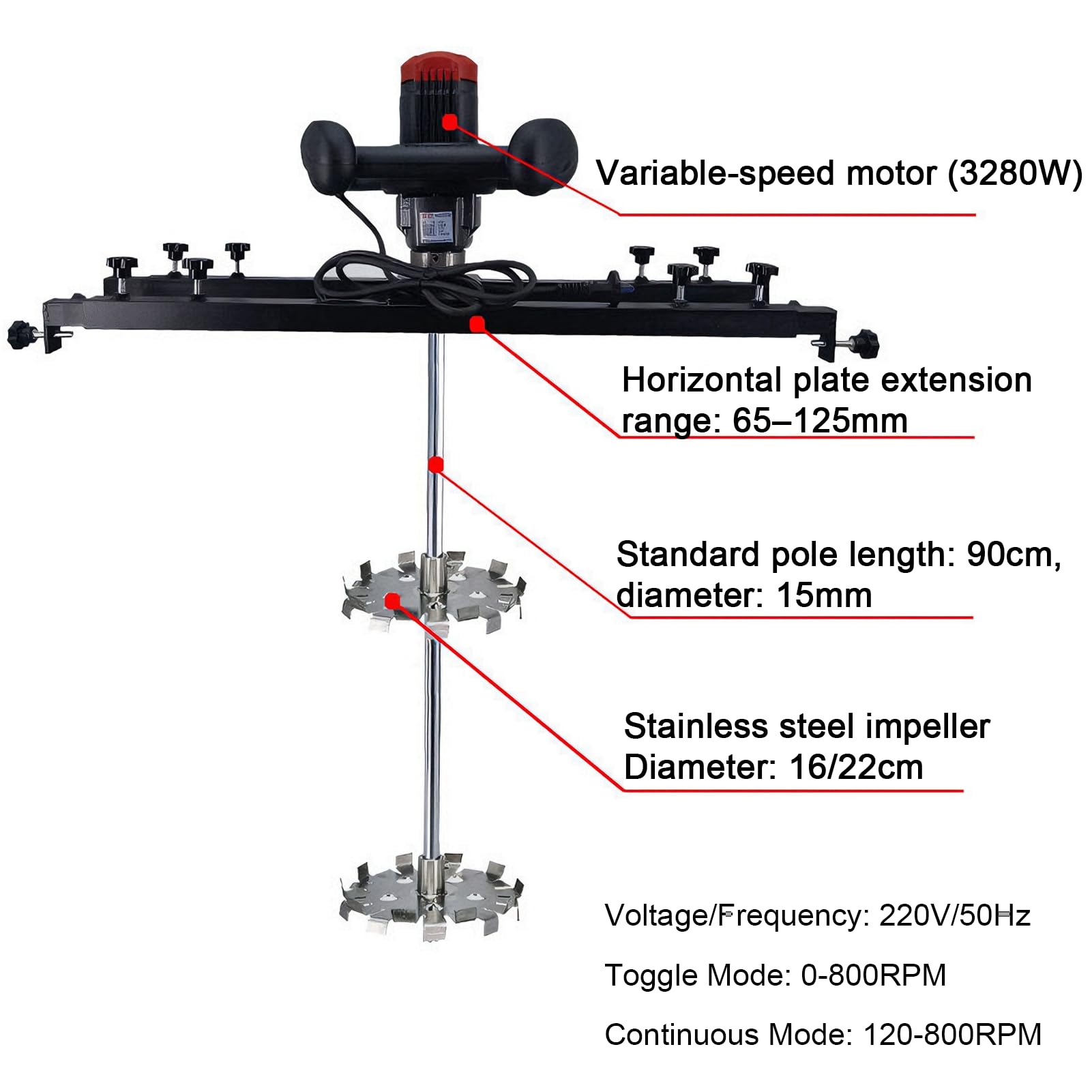 Miscelatore per vernice, miscelatore elettrico per miscelare vernici, inchiostro e altro, potenza 3280 W, gamma telescopica 65-125 cm, agitatore a tamburo commerciale