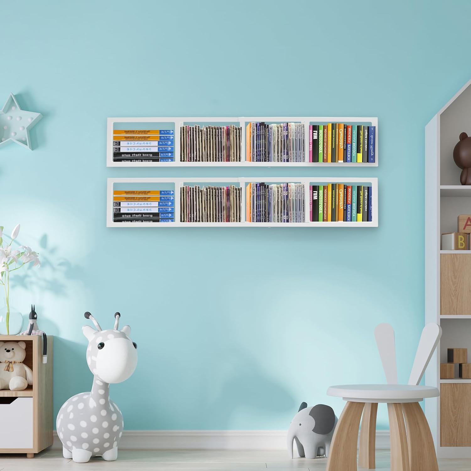 2 Pcs White 34Inch Media Storage Rack CD DVD Wall Organizer Shelf Metal Floating Cube Shelves Frame for Audio Video Game Book CD DVD for Home Bedroom Living Room Office