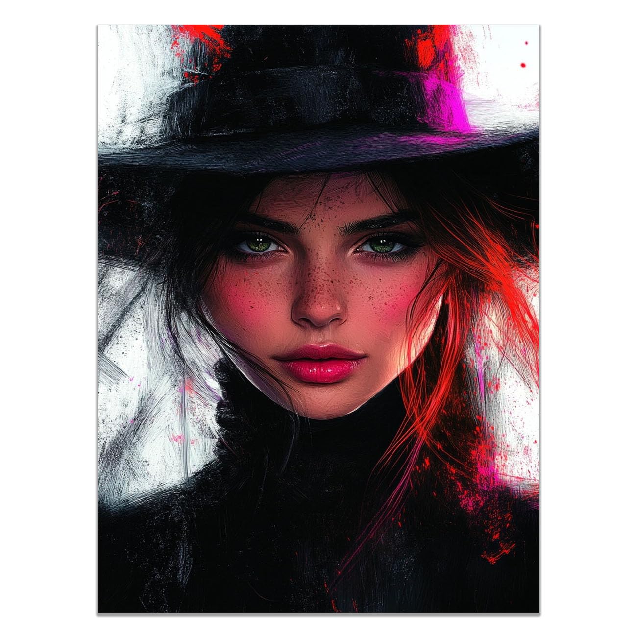 QUSAAOU Fashion Portrait Canvas Wall Art Woman with Black Hat and Green Eyes Art For Living Room Bedroom African American Decor For Home Afro Woman Poster And Prints(Black)-80x120cm Unframed