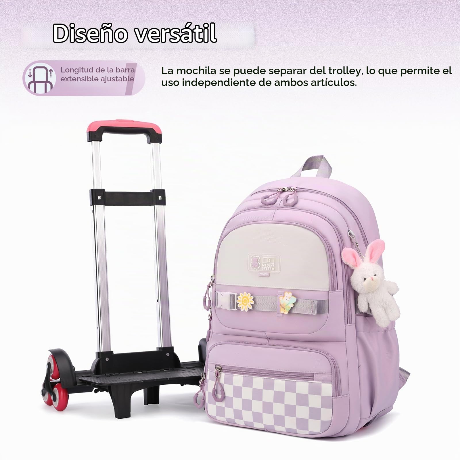 Amythe Mochila Escolar con 6 Ruedas para Niñas con Colgante, Morado | Mochilas con Carro para Chicas de Primaria y Secundaria, Mochila Colegio con Ruedas para Adolescentes, Vuelta al cole