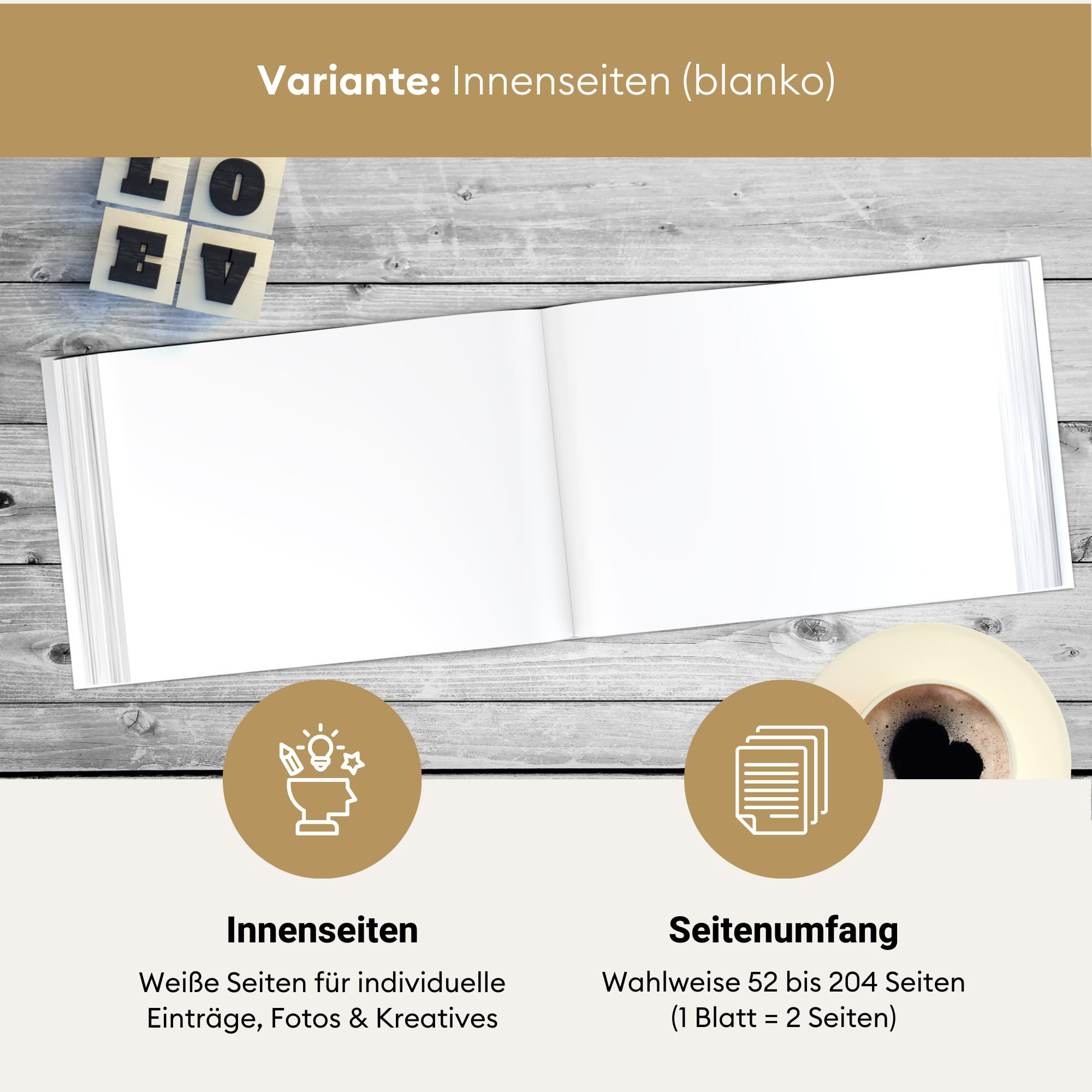 Deluxe Hochzeitsgästebuch | Gästebuch zur Hochzeit personalisiert | Veredelung in Gold, Rosé-Gold, Silber oder Kupfer | A4 quer | Beige, Inhalt blanko - weiße Seiten