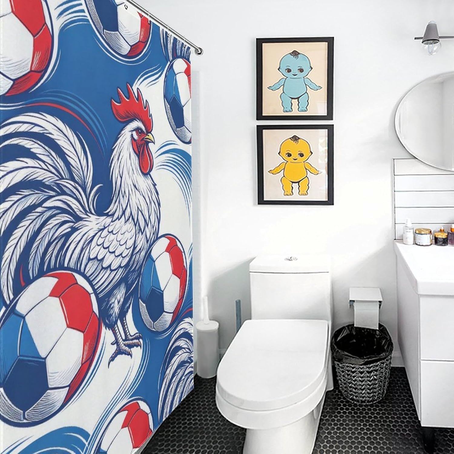 French Rooster Soccer Fabric Shower Curtain Liner Bath Bathroom | machine washable,with 12 hooks,stainless steel grommets,room divider