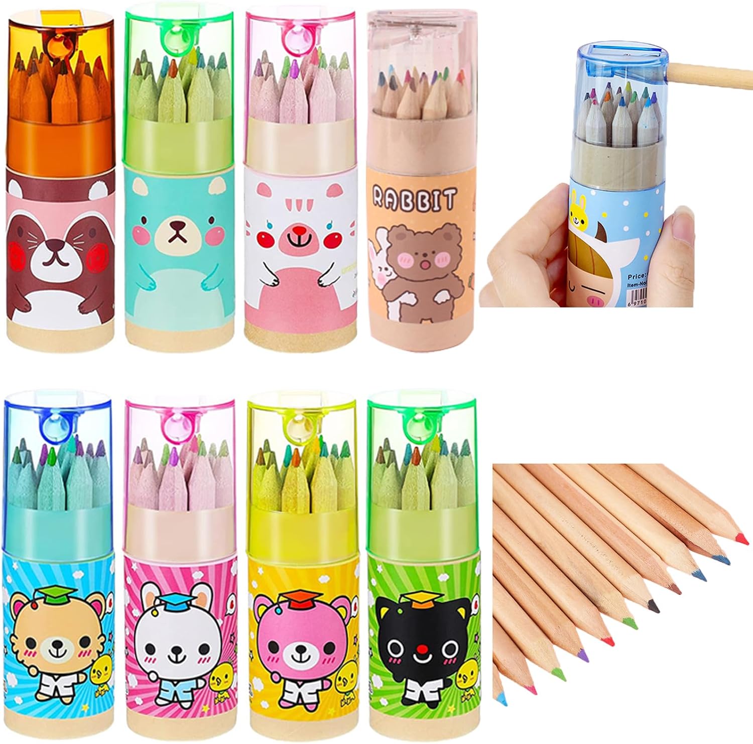 Tergy 8 Packs Mini Colored Pencils with Sharpener in Tube Portable Drawing Art Cartoon Pencils for 3 Years and Up Kids Adults Writing Sketching Painting,12 Colors in Tube