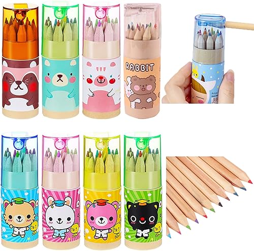 Tergy - 8 paquetes de lápices de colores mini con sacapuntas en tubo, lápices de dibujo portátiles de arte de dibujos animados para niños y adultos