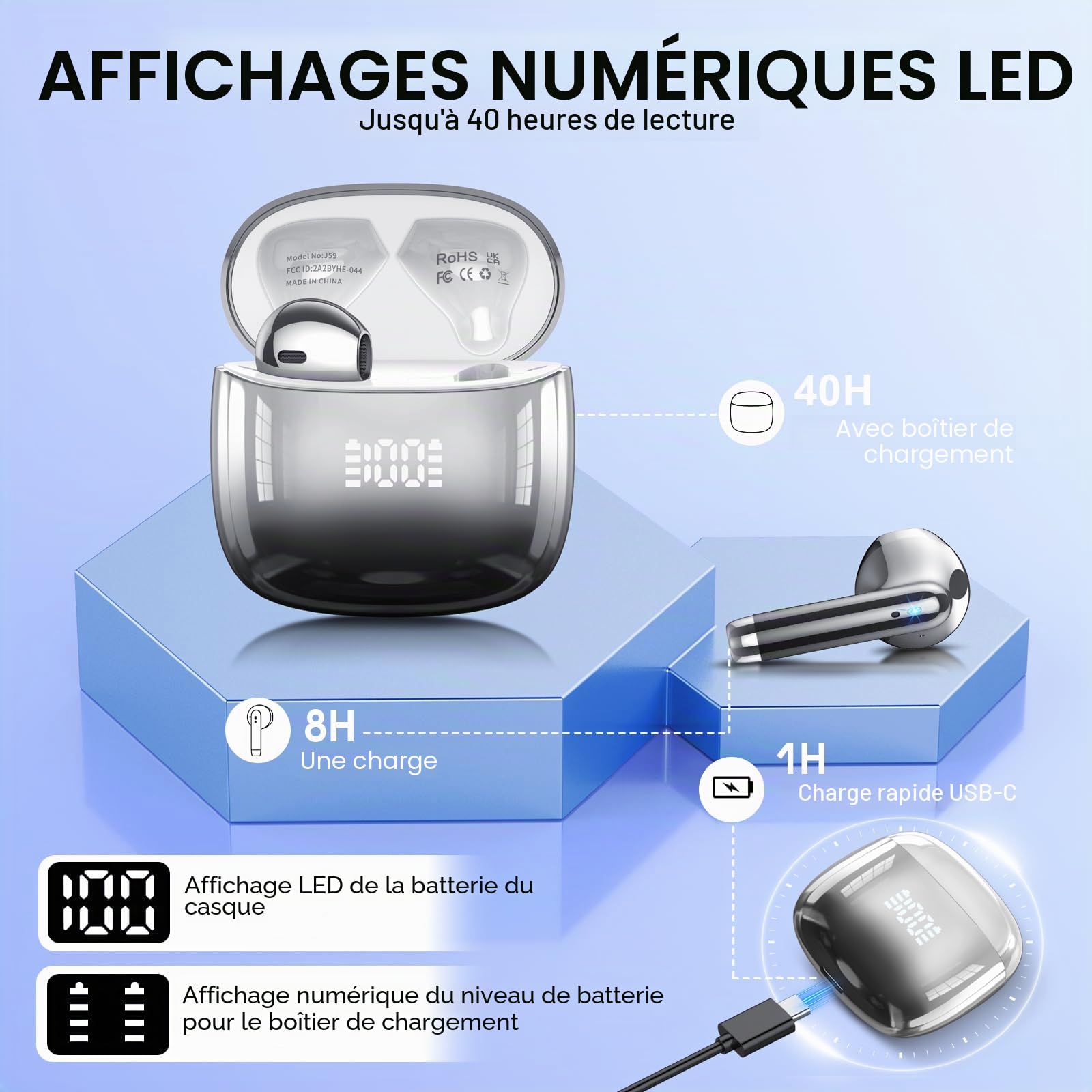 Ecouteurs Bluetooth Sans fil, Écouteurs Bluetooth 5.4, Oreillette Bluetooth HiFi Stéréo avec 4 ENC Mic, Casque Bluetooth Sans fil avec Écran LED, 40H, Étanche IP7 Écouteur, Contrôle Tactile, Noir