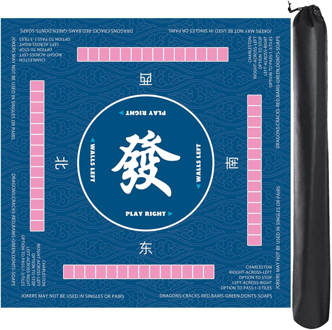 Mahjong Mat for Table Anti Slip Noise Reduction Table Cover for Poker, Card, Board & Tile Games 31.5 x 31.5 Inches (Blue) with 3 Dice & Carrying Bag (Mat Only)