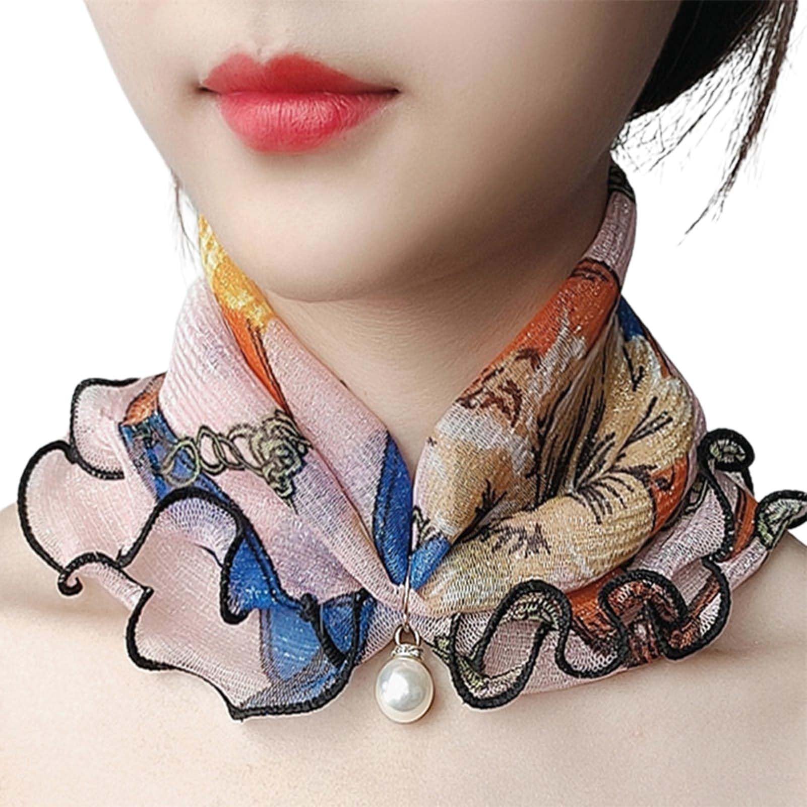 matumou Scarf Painting Print Pearl Durable Ruffle Edge Lady Headscarf for Banquet Women Scarves