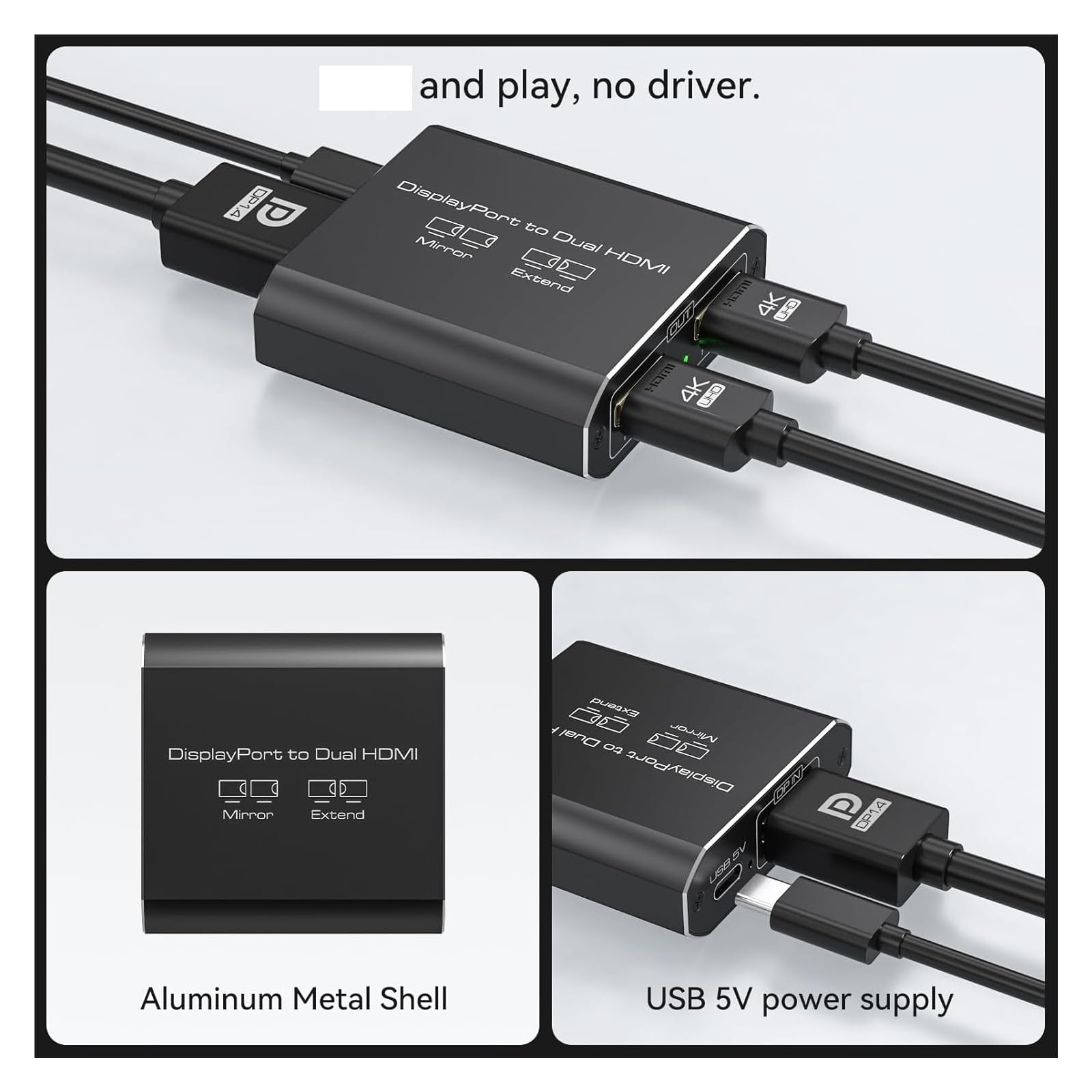 Navceker Displayport to Dual Adapter 4K 60Hz Mini DP to Splitter 1 In 2 Out MST Extended Mode for Computer Laptop PC