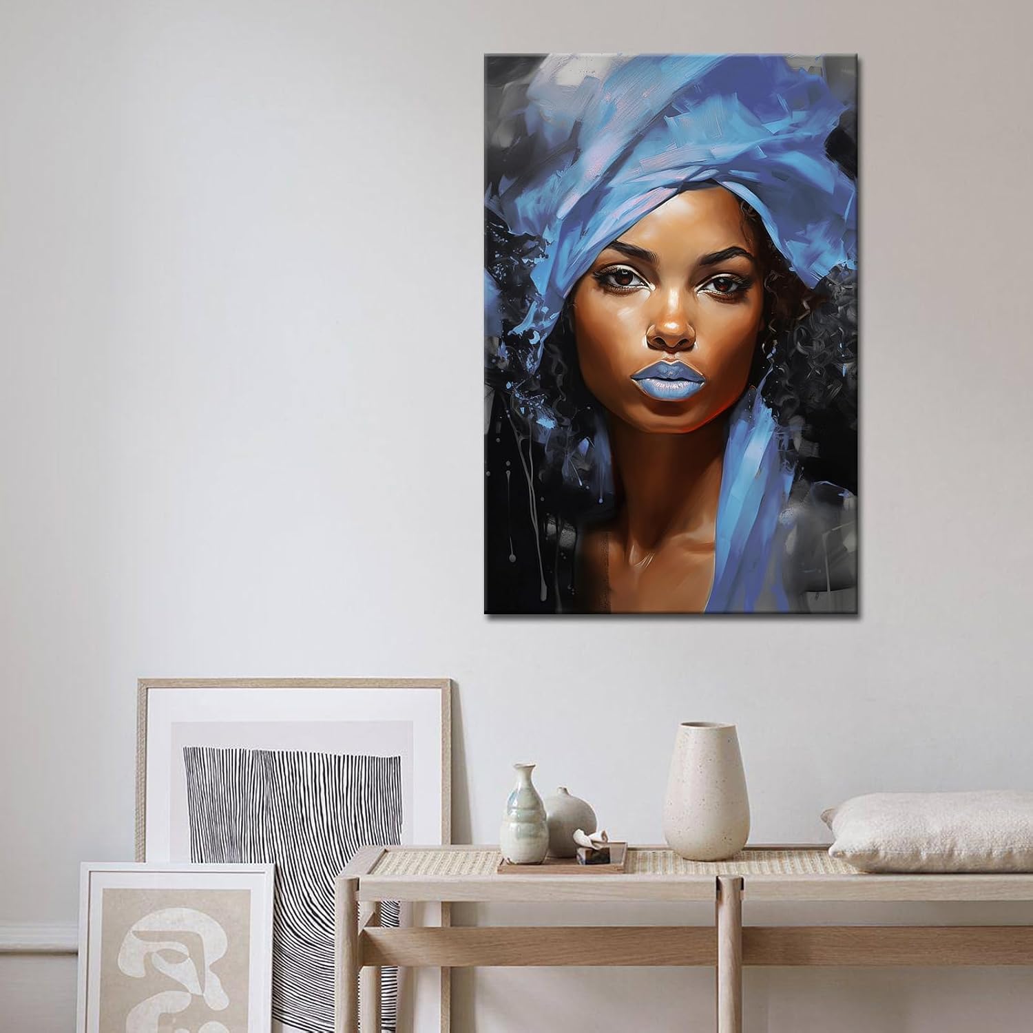 GLOKAKA African American Canvas Wall Art Black Woman Portrait Painting Blue Hair Beauty Black Girl Wall Art Abstract Modern Artwork for Home Living Room Decoration