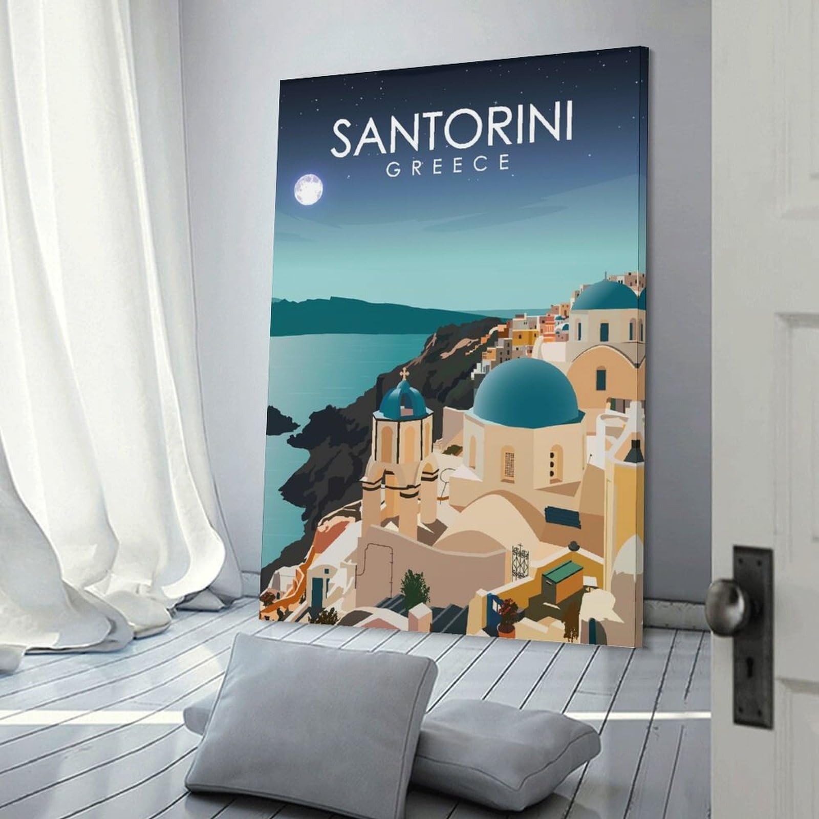 Junmoney Santorini Greece at Night Room Decor Wall Art, 08x12inch(20x30cm), for Entrance Walls, Hall Decor Or Foyers, A Neat Decor Update for Hallways