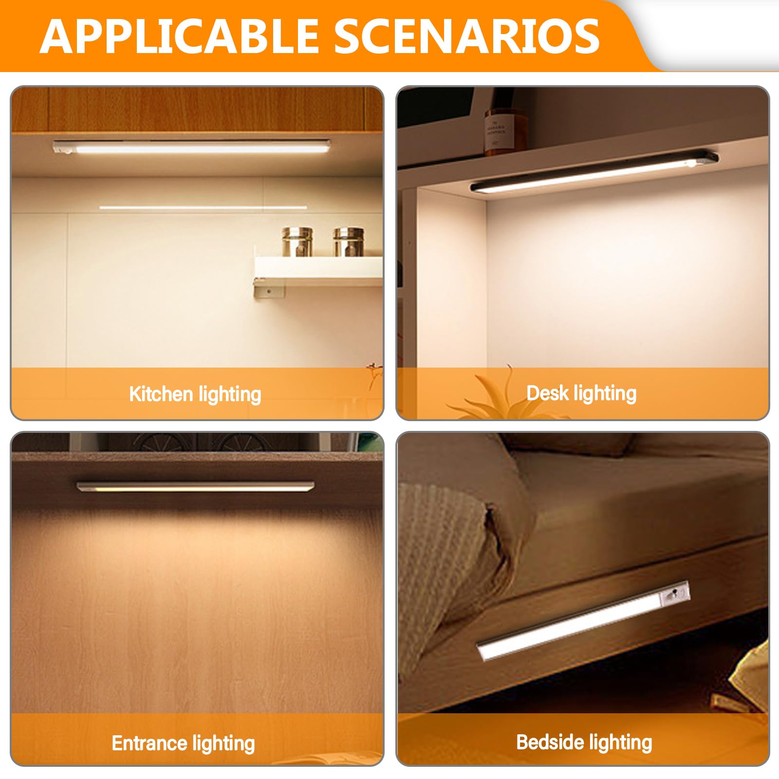 4 pezzi di illuminazione per armadio a LED con sensore di movimento, barra luminosa da 20 cm senza fili con batteria ricaricabile USB, telecomando, luce per armadio dimmerabile, illuminazione da