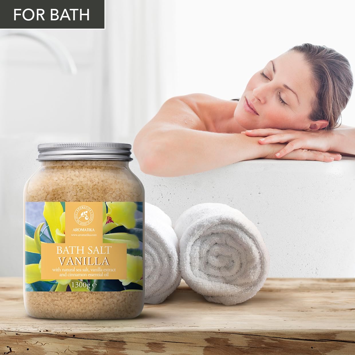Sal de Baño Vainilla 1300g - Sales de Baño Marinas con Extracto de Vainilla y Aceite Esencial de Canela - Relajación - Belleza - Baños - Cuidado Corporal