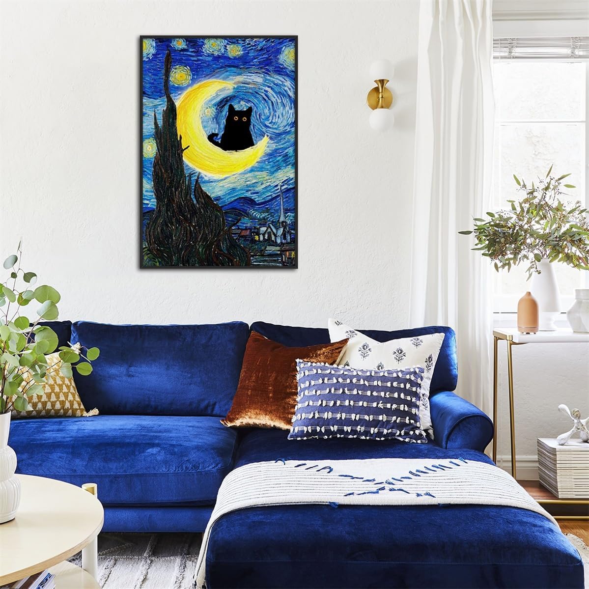 Black Framed Art Van Gogh The Starry Night Cat Canvas Wall Art Famous Oil Paintings Black Cat Poster Funny Cat Floral Print Colorful Abstract Farmhouse Gallery Aesthetic Room Wall Decor for Bedroom 16x24in Framed